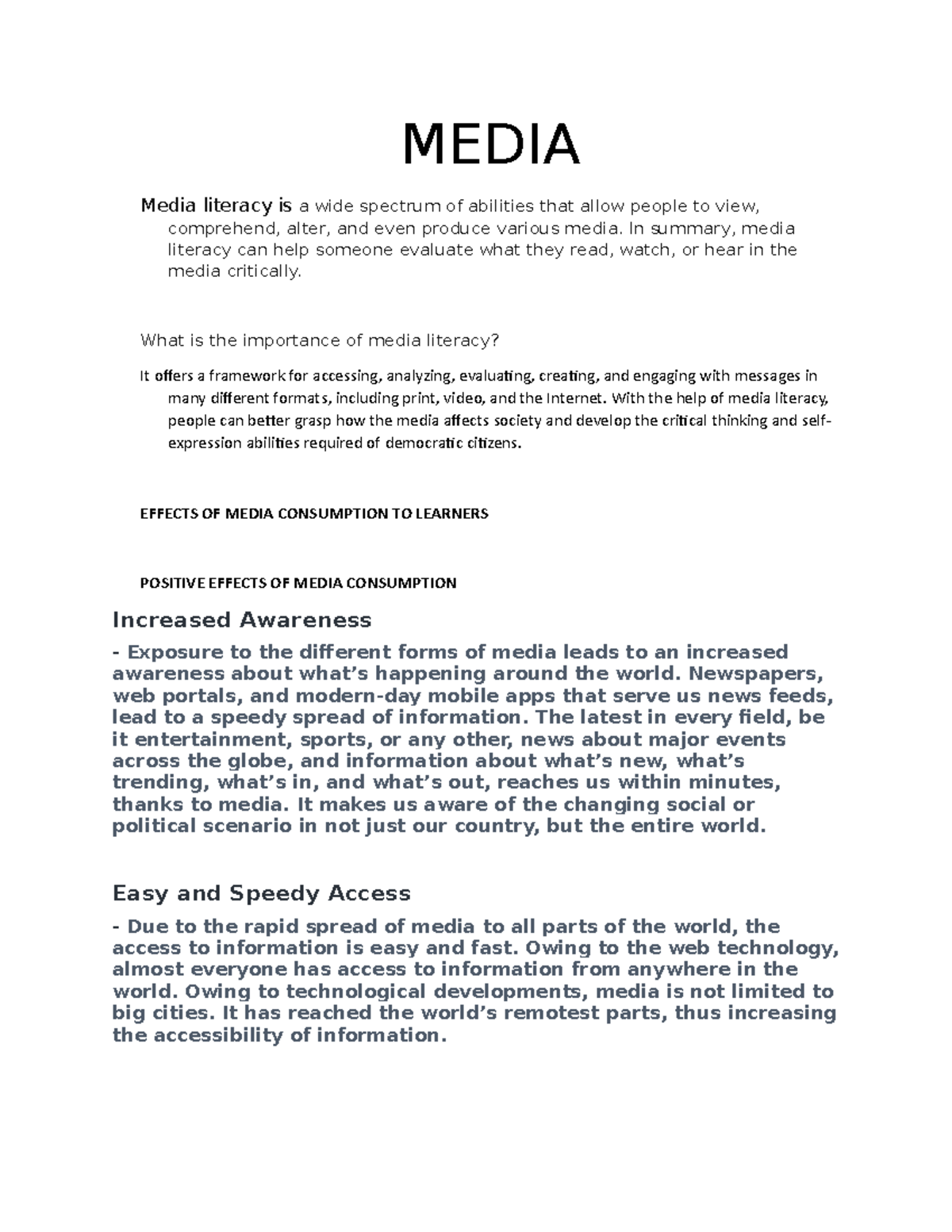 Effecs OF Media Consumption TO Learners - MEDIA Media literacy is a ...