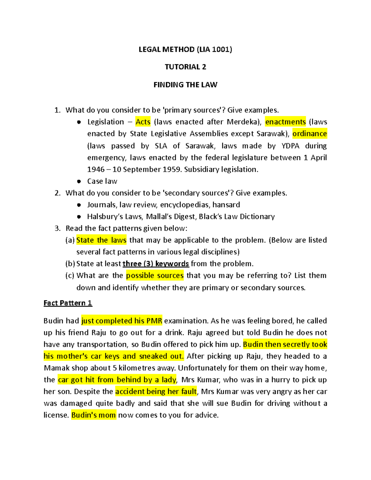 Tutorial 2 Sources For Legal Research - LEGAL METHOD (LIA 1001 ...