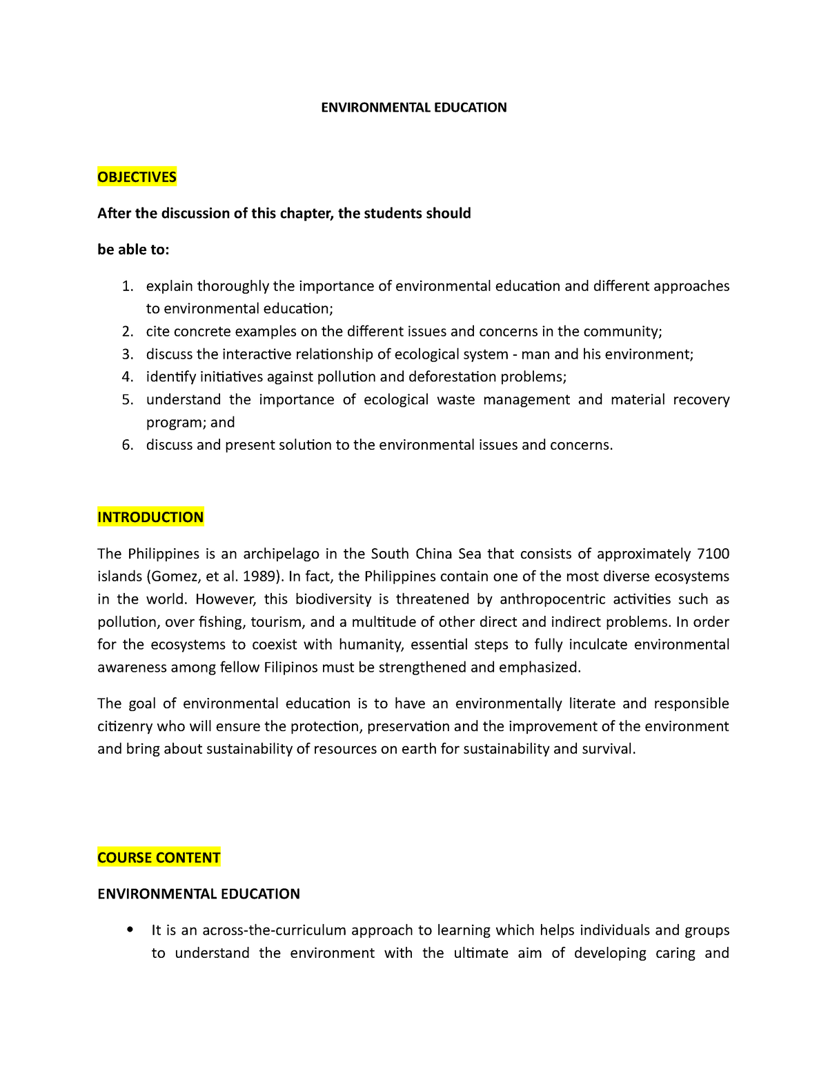 Environmental Education 5 - ENVIRONMENTAL EDUCATION OBJECTIVES After ...