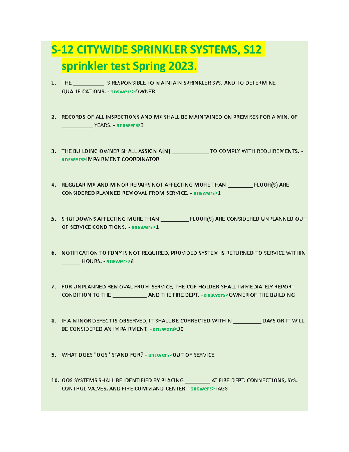 S12 Citywide Sprinkler Systems, S12 sprinkler test Spring 2023 S12