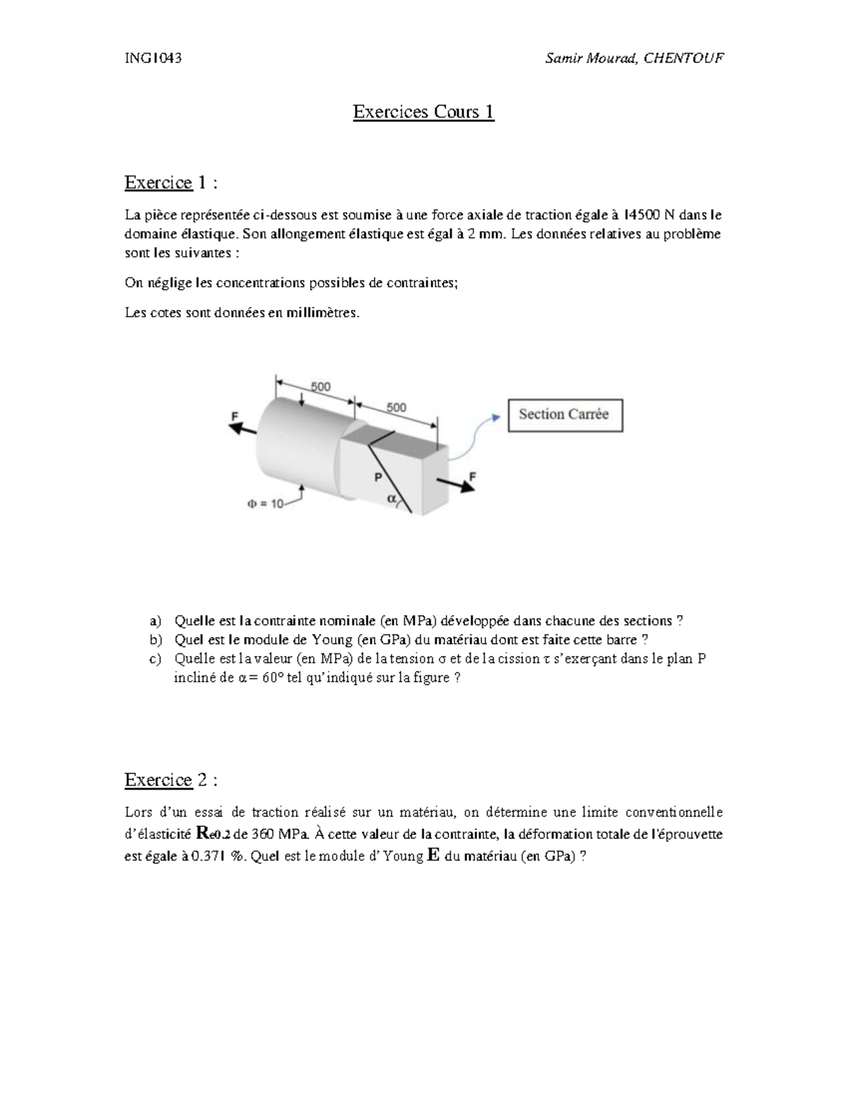 Serie D'exercice Chapitre 1 - ING1043 Samir Mourad, CHENTOUF Exercices ...