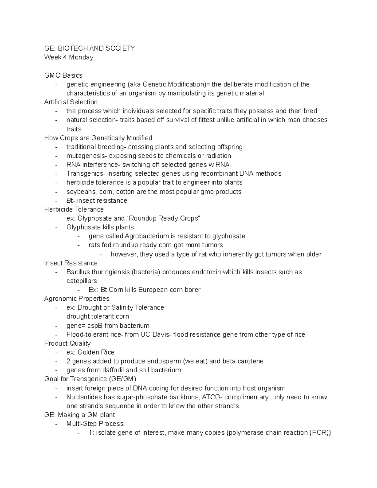 GE Biotech AND Society week 4 part 1 lecture notes - GE: BIOTECH AND ...