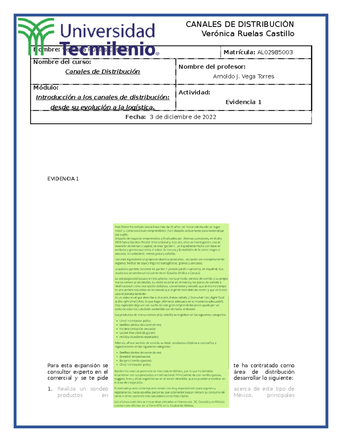 Canales DE Distribución Evidencia 1 - Verónica Ruelas Castillo Nombre ...