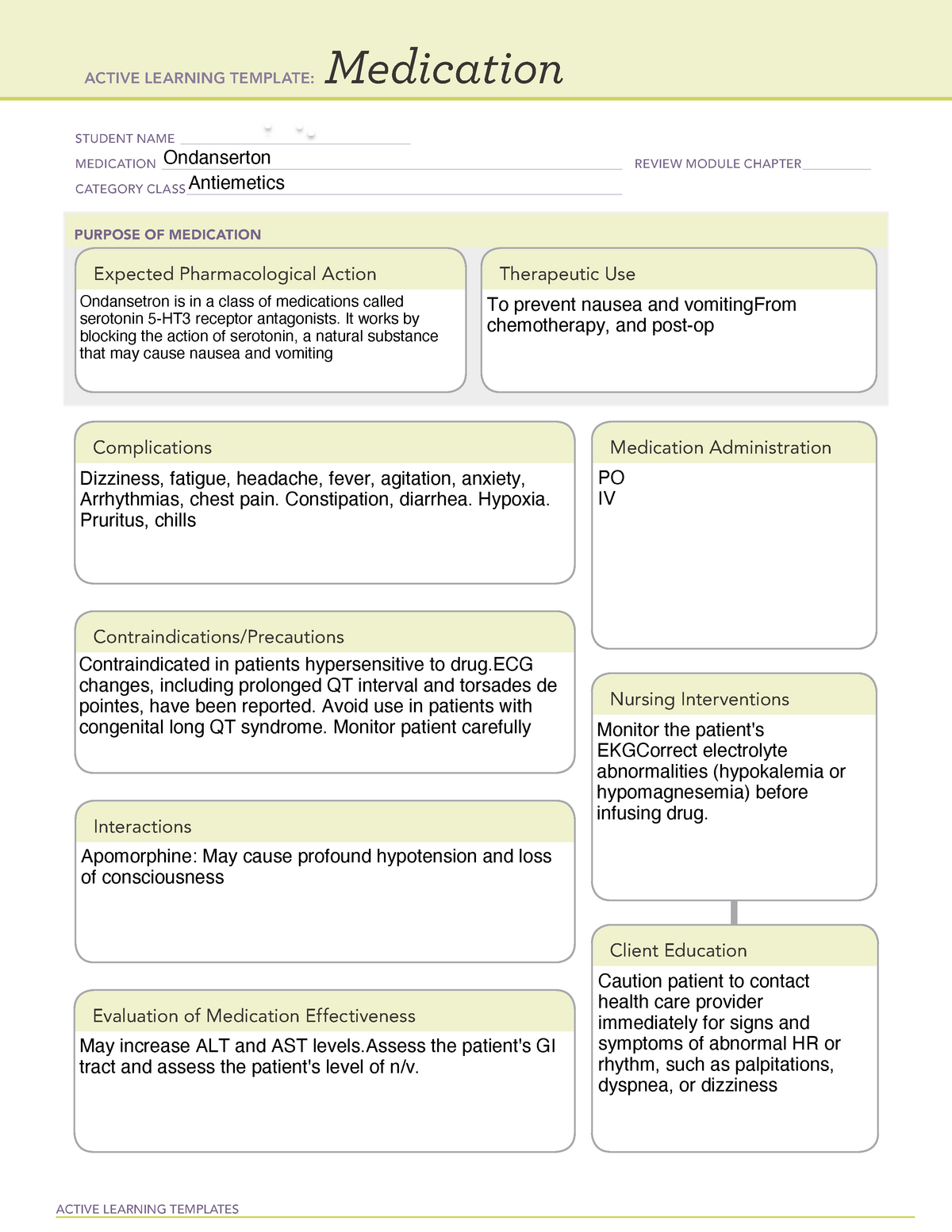 Ondanserton 2 medication sheet ati template for med surge clinical