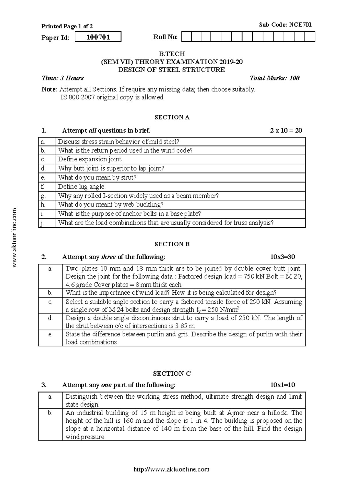 Btech ce 7 sem design of steel structure nce701 2020 - Printed Page 1 ...