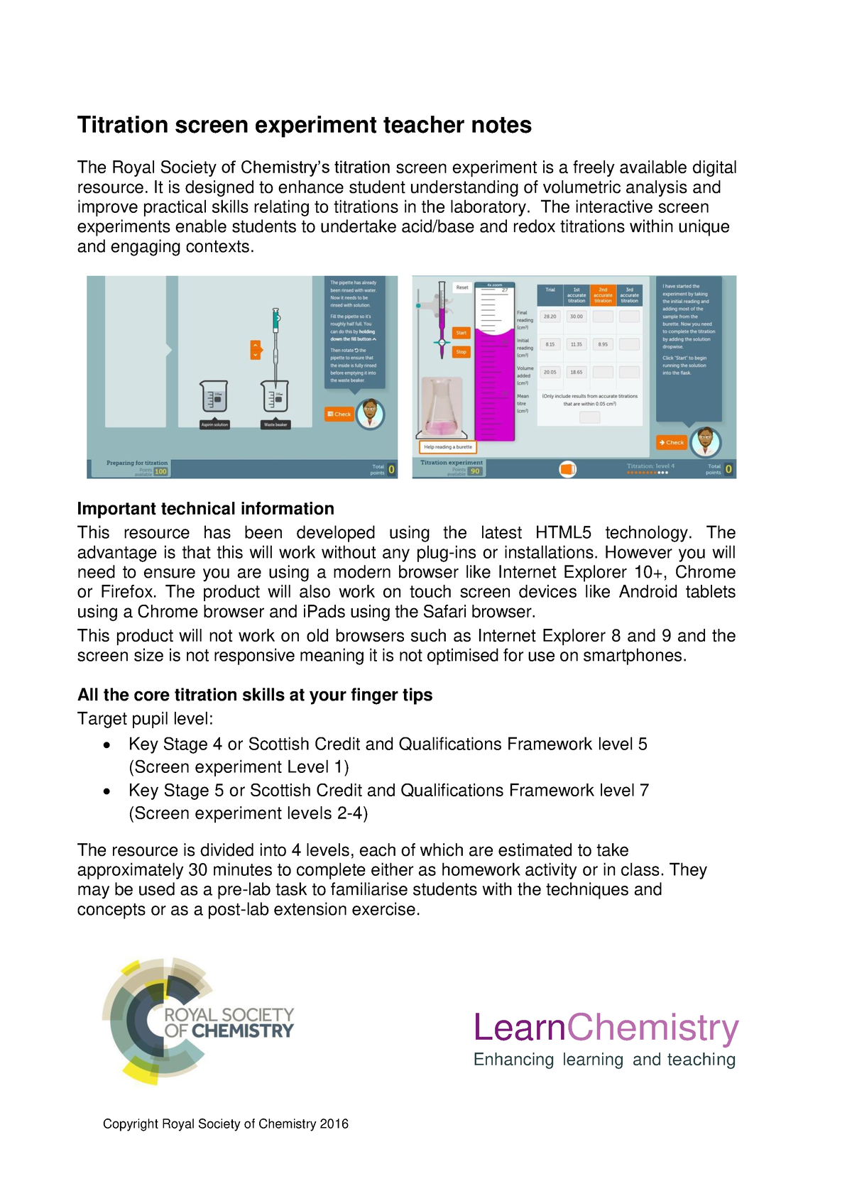 Titration screen experiment teacher notes LearnChemistr y Enhancing