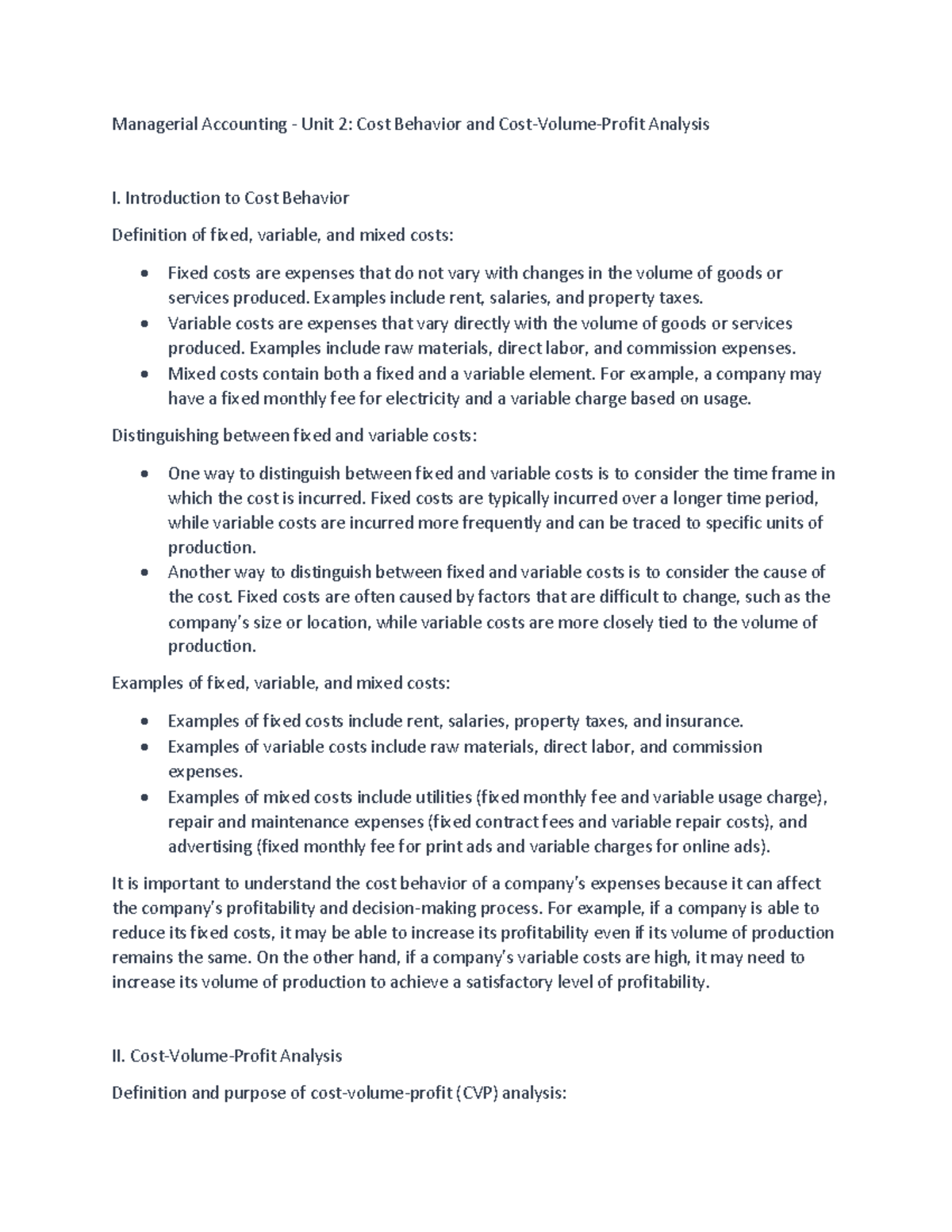 Cost behavior and cvp analysis - Managerial Accounting - Unit 2: Cost ...