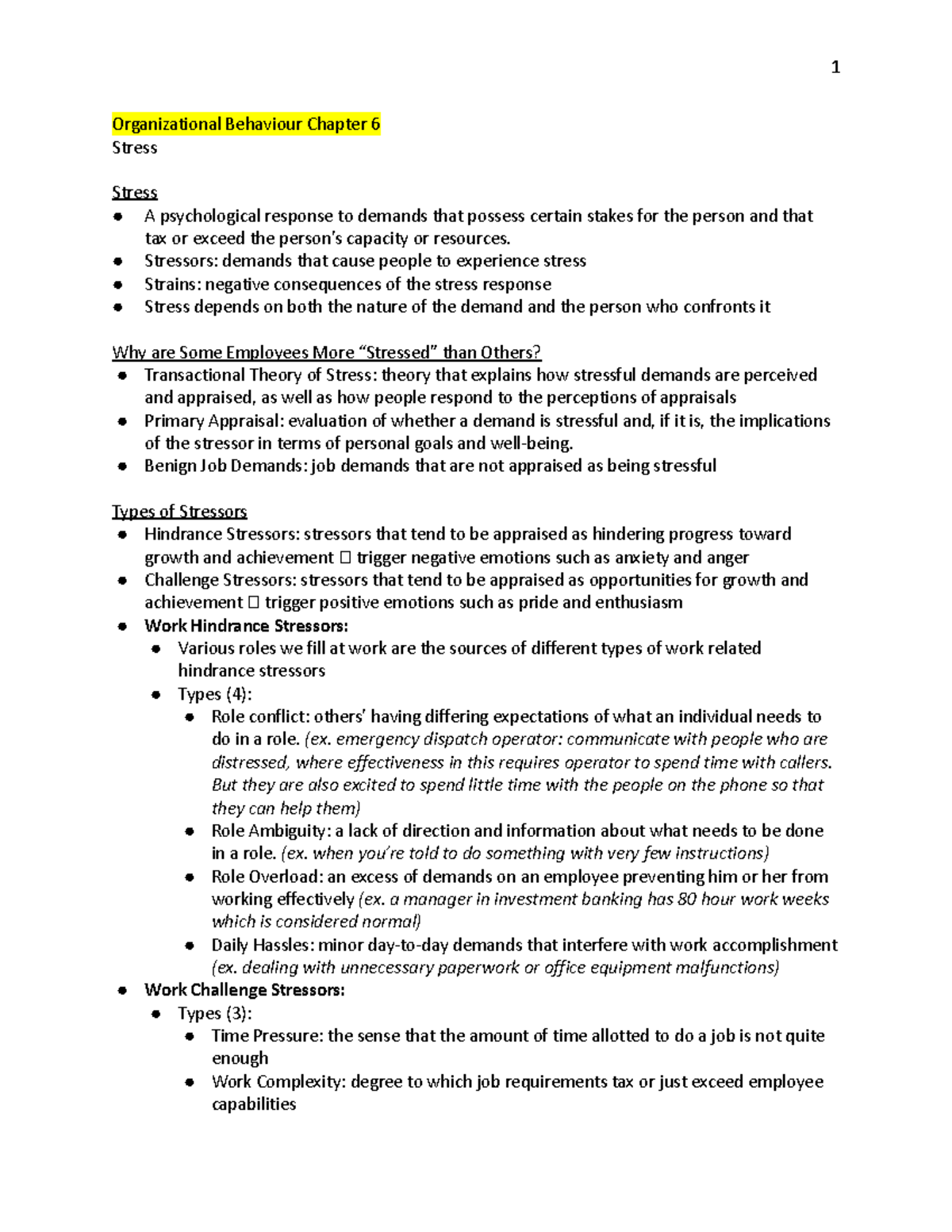 Chapters 6-10 - Organizational Behaviour Chapter 6 Stress Stress A ...