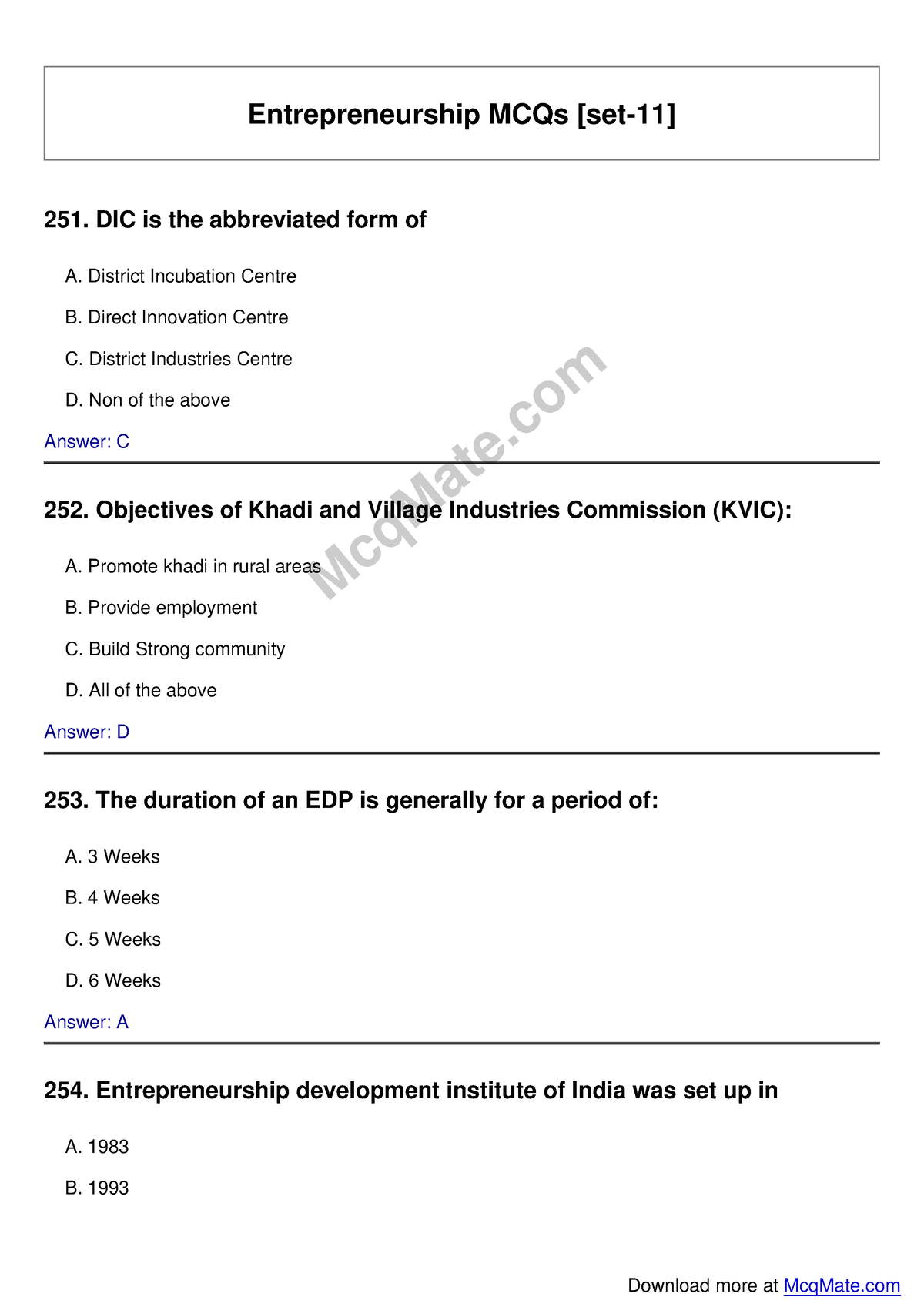 mcq on business plan in entrepreneurship