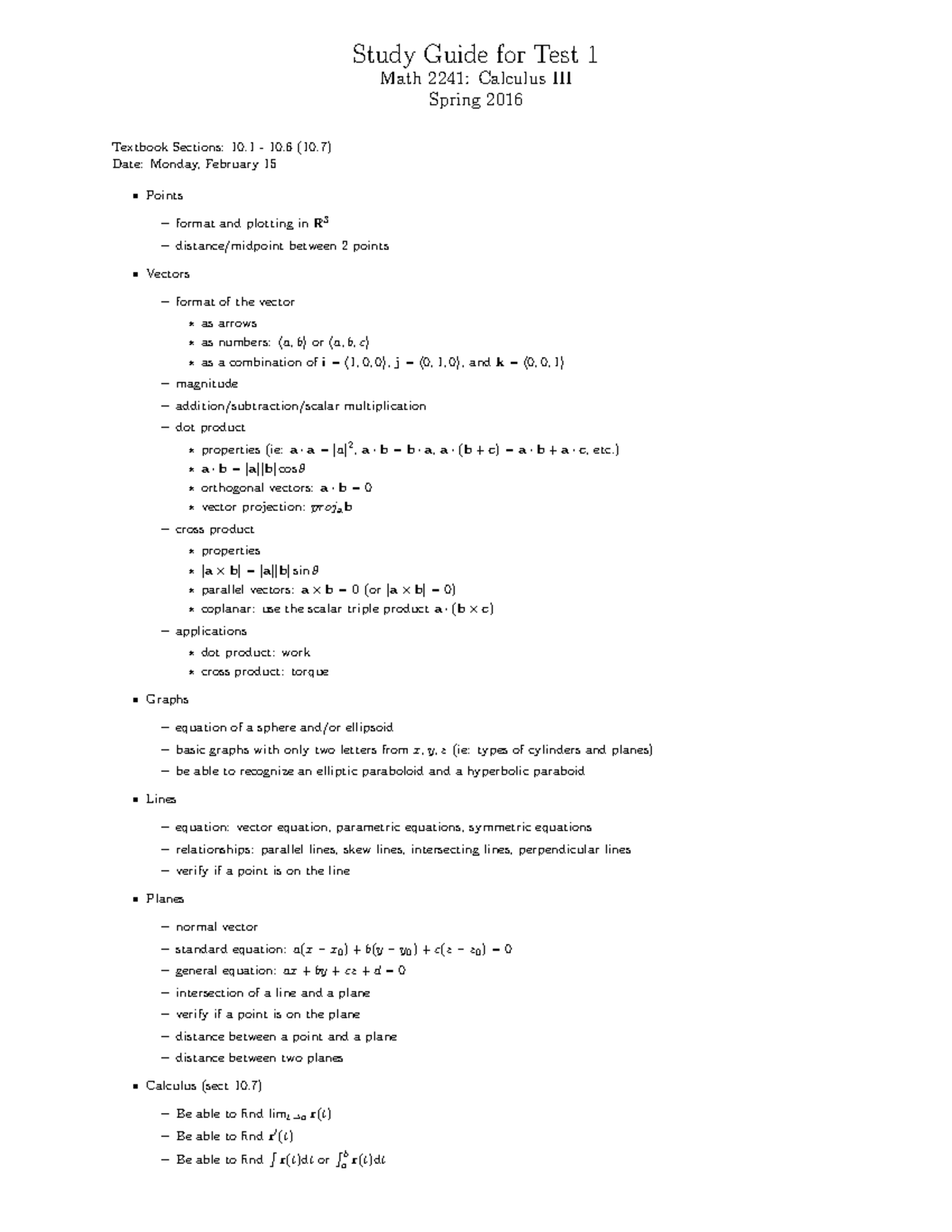 Test 1 study guide - Materials - Study Guide for Test 1 Math 2241 ...