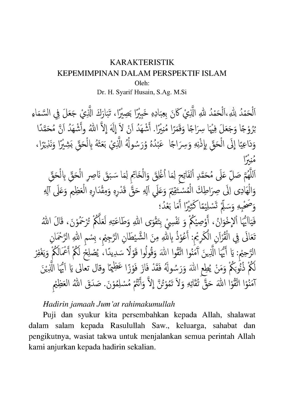 Khutbah Jum'at, Karakteristik Kepemimpinan Dalam Perspektif Islam ...