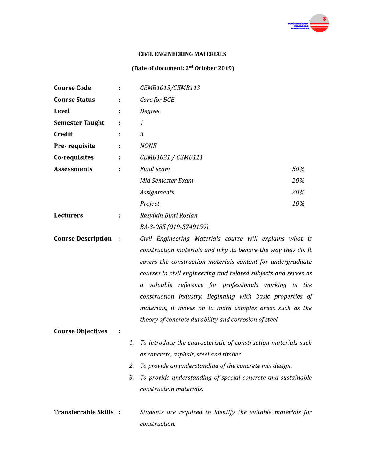 CEMB1013 new 021019 - CIVIL ENGINEERING MATERIALS (Date of 