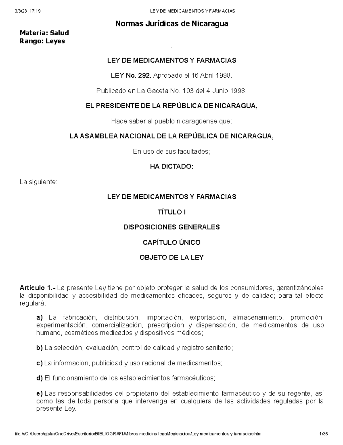 LEY DE Medicamentos Y Farmacias Normas Jurídicas de Nicaragua Materia