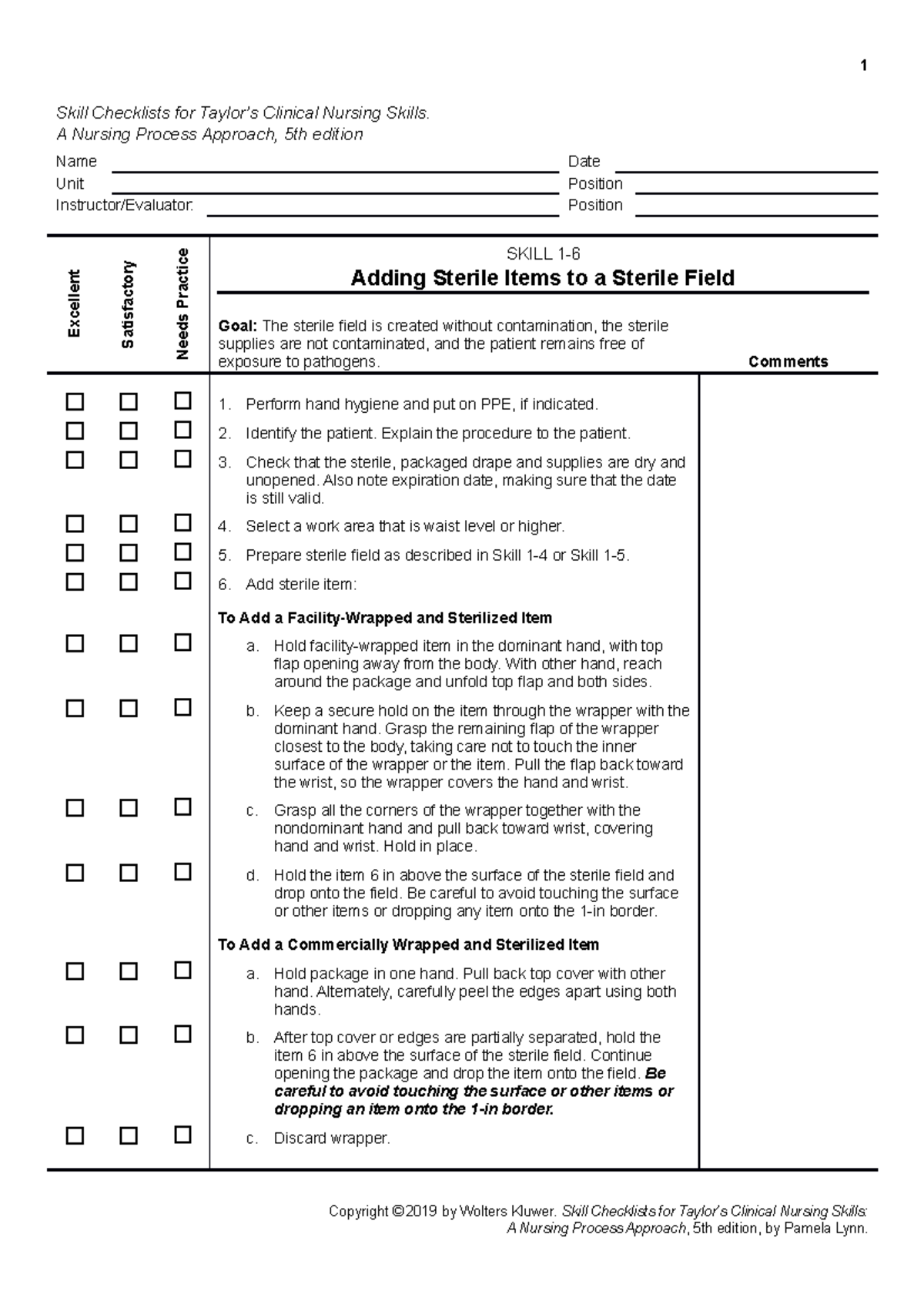 Skill 16 hand hygiene 1 Skill Checklists for Taylor’s Clinical