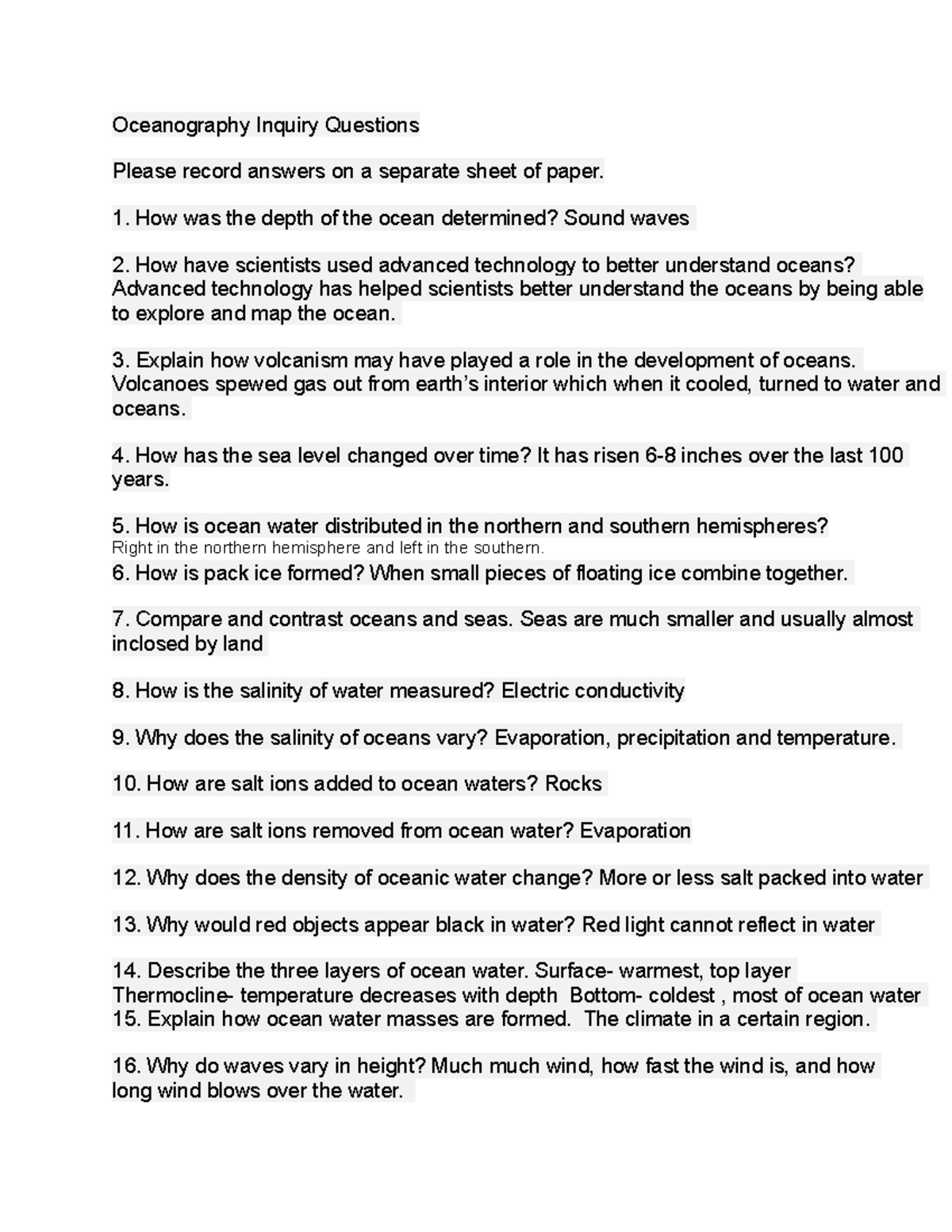 Oceanography Inquiry Questions - Oceanography Inquiry Questions Please ...