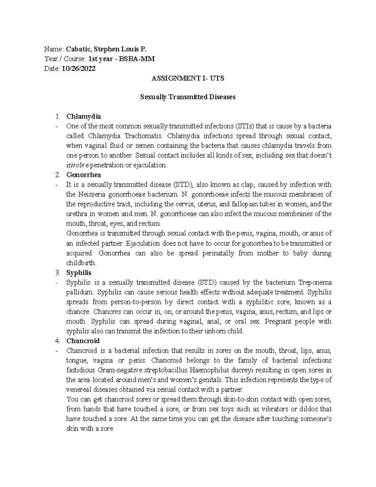 UTS Activity Sexually Transmitted Diseases origin and its causes