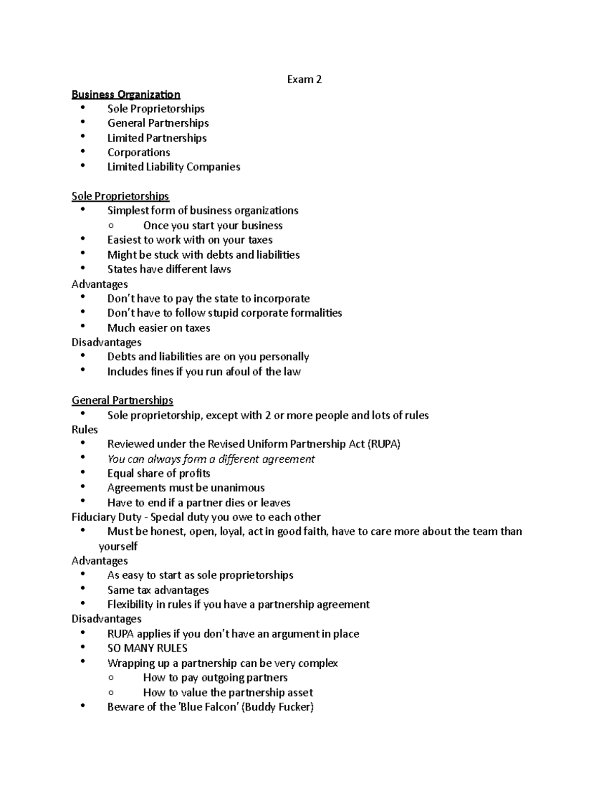 BLAW Notes - Exam 2 Business Organization Sole Proprietorships General ...