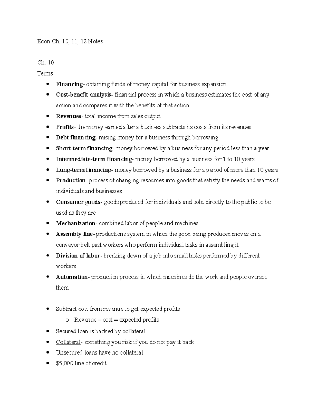 Ch 10,11,12 notes - Econ Ch. 10, 11, 12 Notes Ch. 10 Terms Financing ...