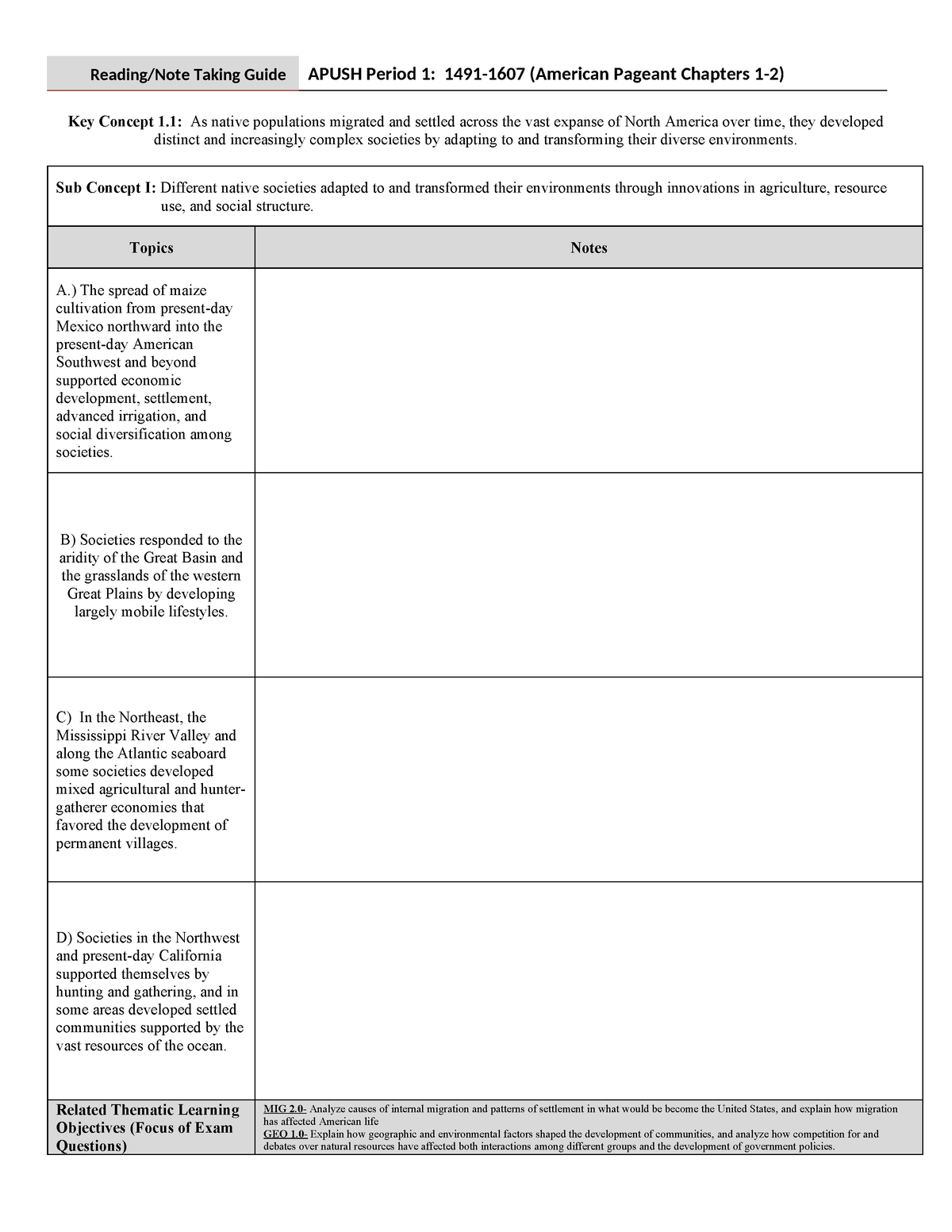 Period 1 - Key Concept 1: As native populations migrated and settled ...