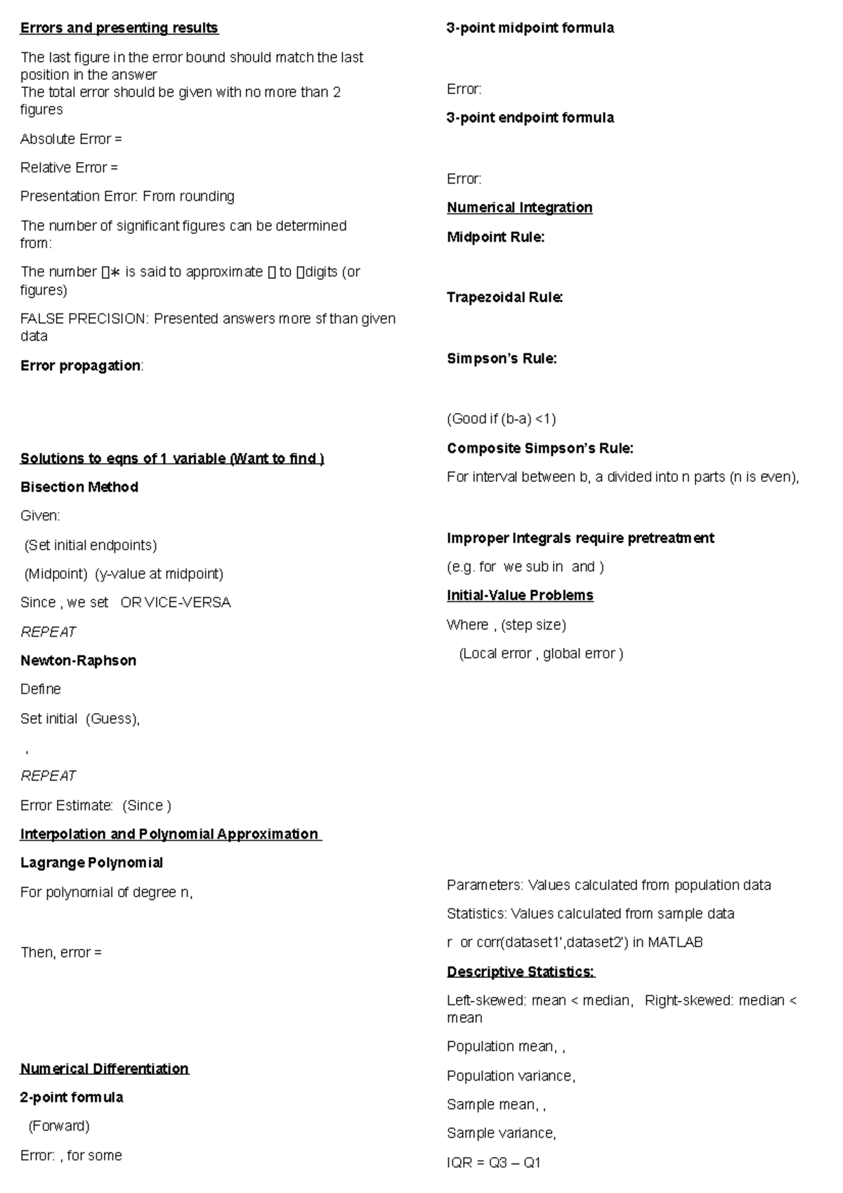 Esp2107 cheatsheet summary numerical methods and statistics errors