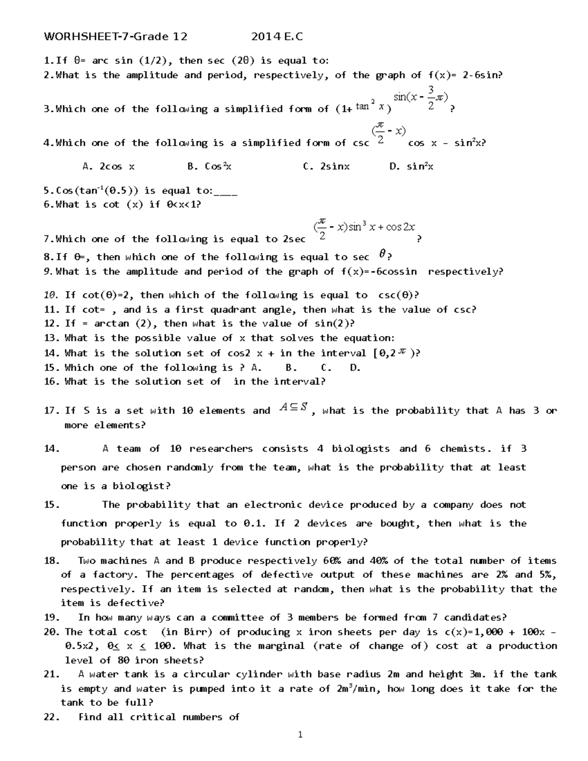 Worksheet 7 Grade 12 Worhsheet 7 Grade 12 2014 E If жџ Arc Sin 1 2