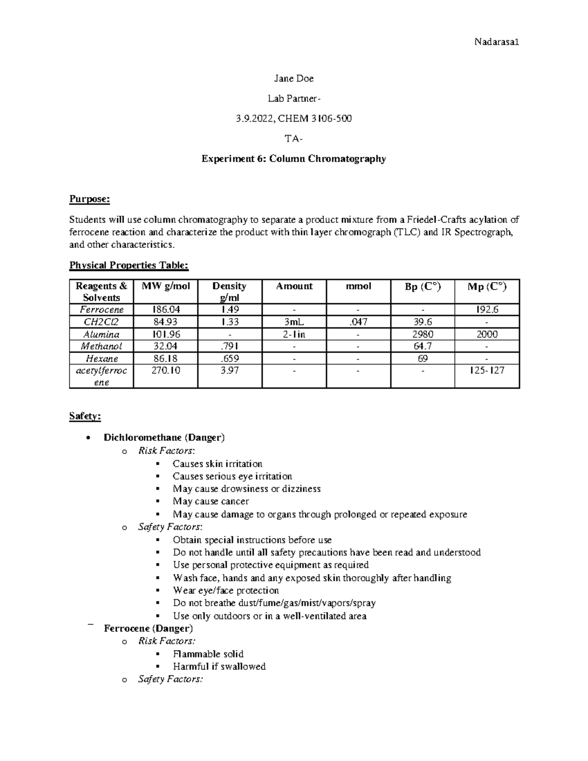 Lab 6 Final - exp lab report 6 - Jane Doe Lab Partner- 3.9, CHEM 3106 ...