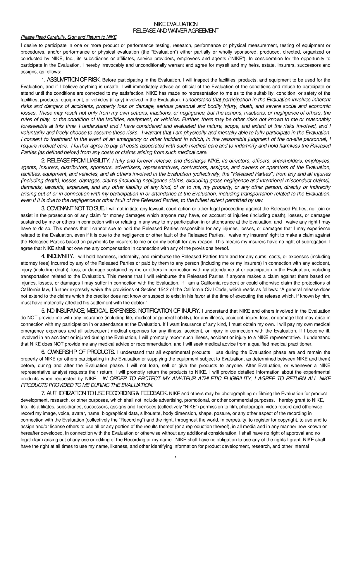 Testing rules Nothing 1 NIKE EVALUATION RELEASE AND WAIVER