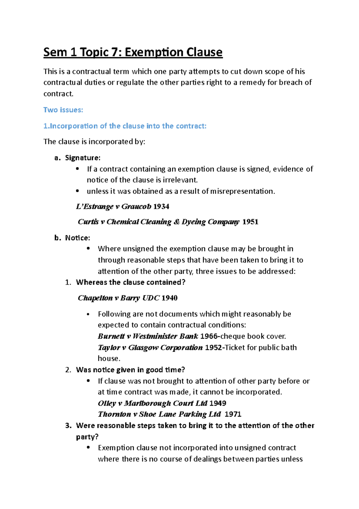 Exemption Clause Notes - Sem 1 Topic 7: Exemption Clause This is a ...
