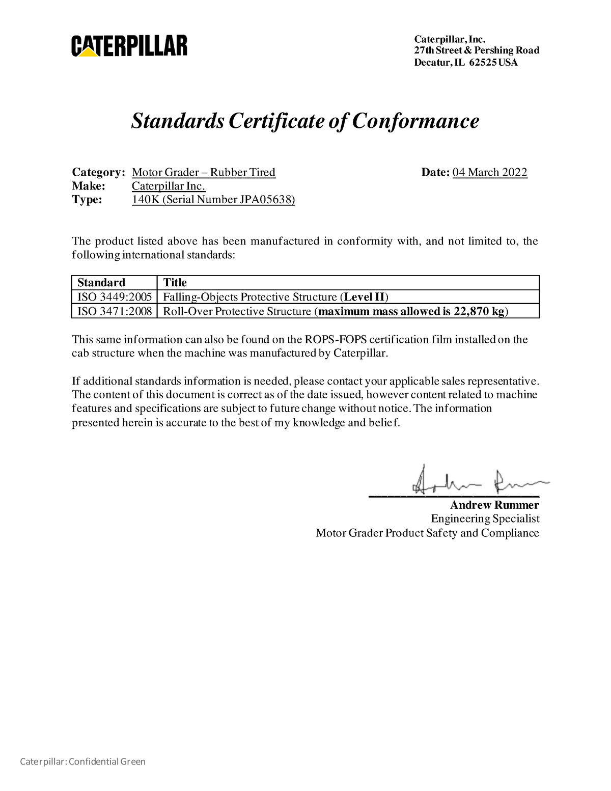 C-2023-002 ROPS FOPS 140K - Caterpillar: Confidential Green Standards ...