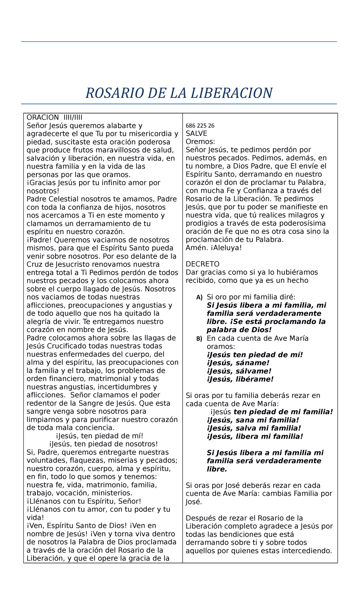 Rosario DE LA Liberacion - ROSARIO DE LA LIBERACION ORACION IIII/IIII ...