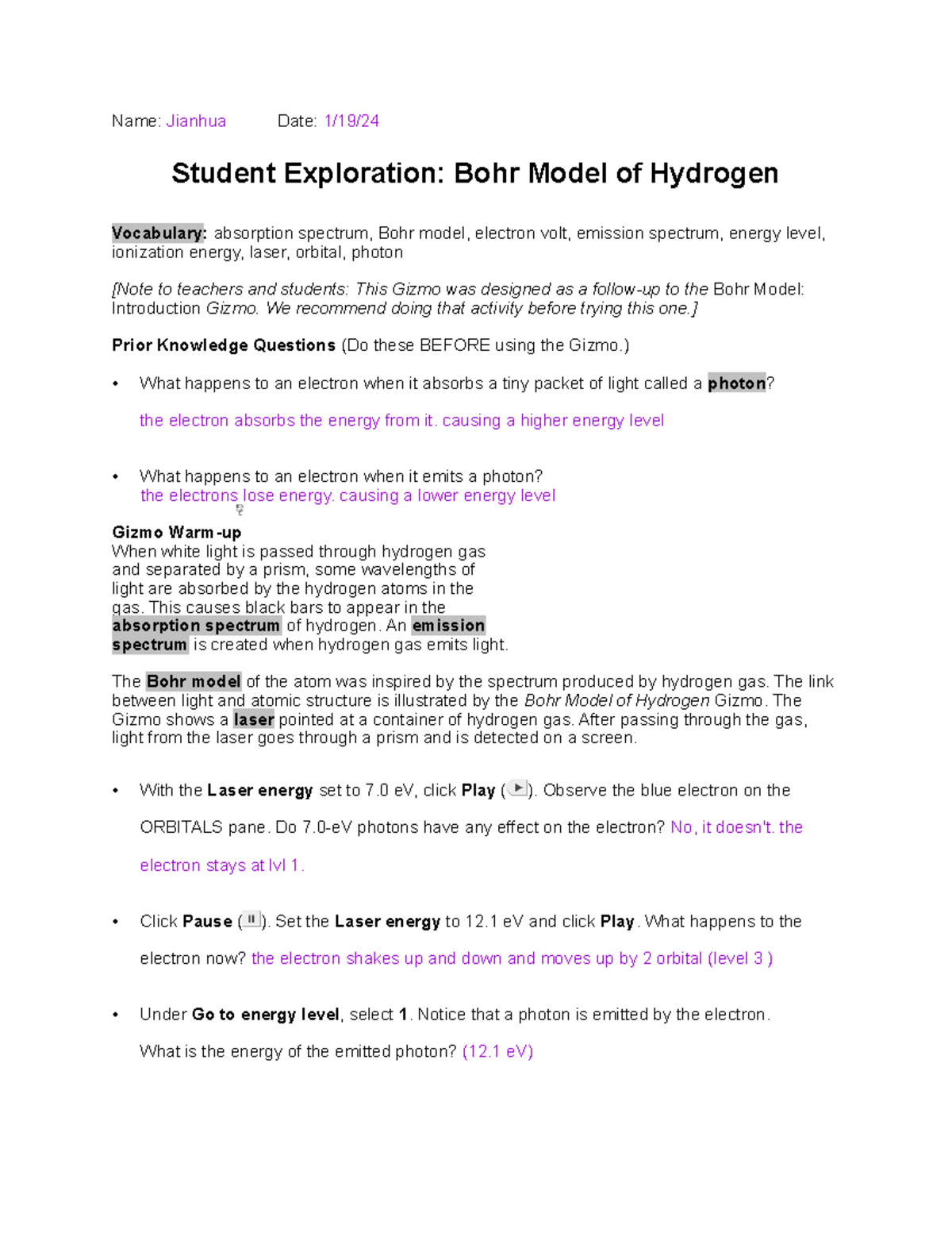 Gizmo Bohr Model Hydrogen SE-1 - Name: Jianhua Date: 1/19/ Student ...