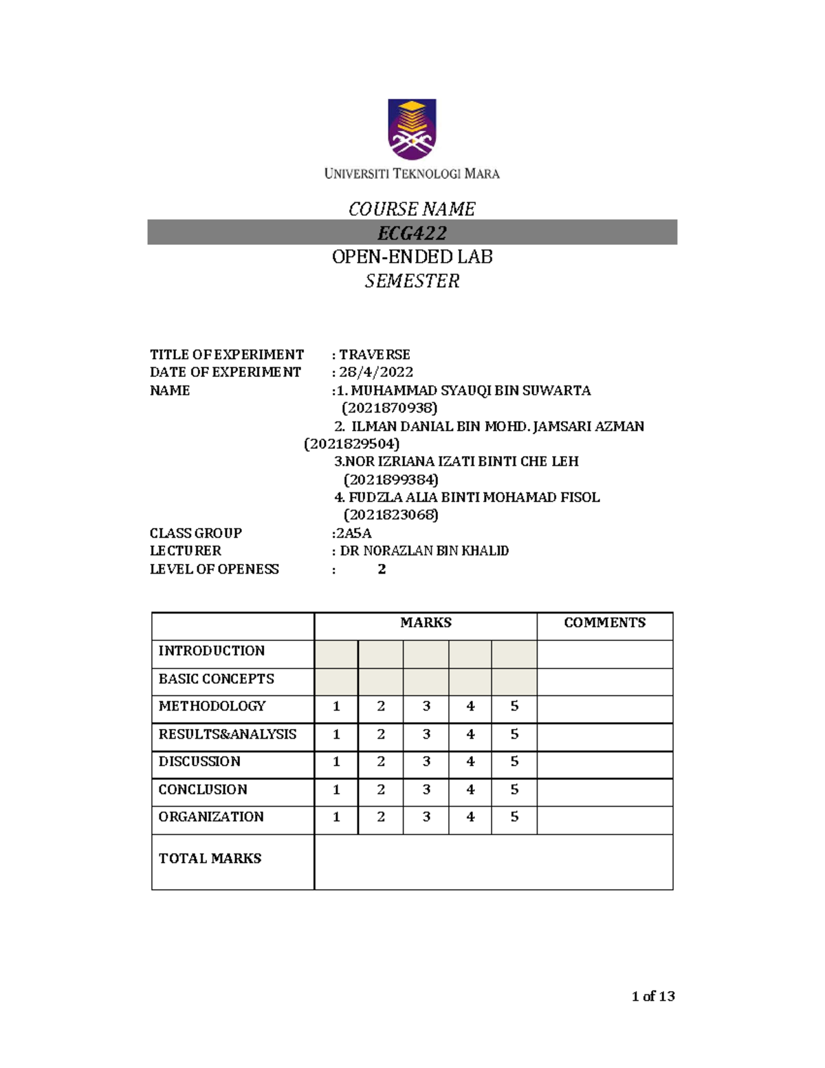 Lab Report Traverse Group 2 2A5A - COURSE NAME ECG OPEN-ENDED LAB ...