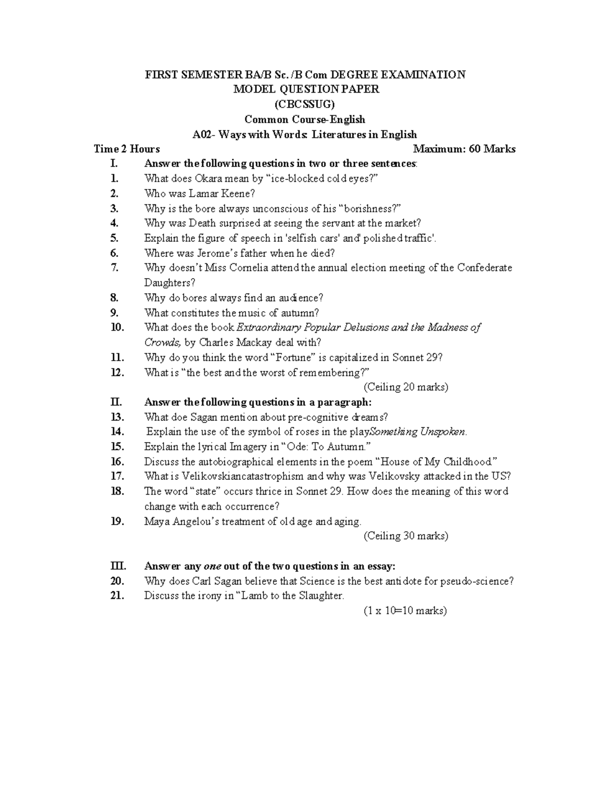 A02 Model Question Paper - FIRST SEMESTER BA/B Sc. /B Com DEGREE ...