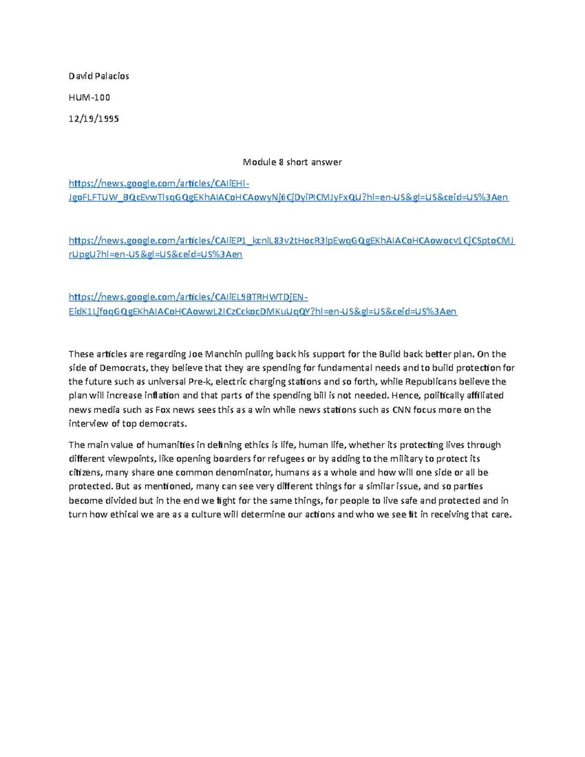 Module 8 short answer Perspectives in the Humanities HUM 100 David