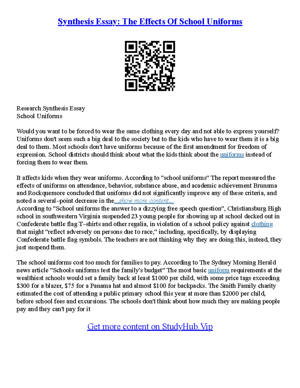 Essay School Uniform Synthesis Essay The Effects Of School Uniforms Research Synthesis Essay
