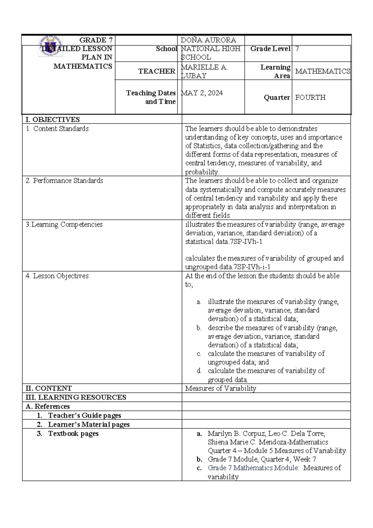 21ST Measures OF Variability dlp - I. OBJECTIVES Content Standards The ...