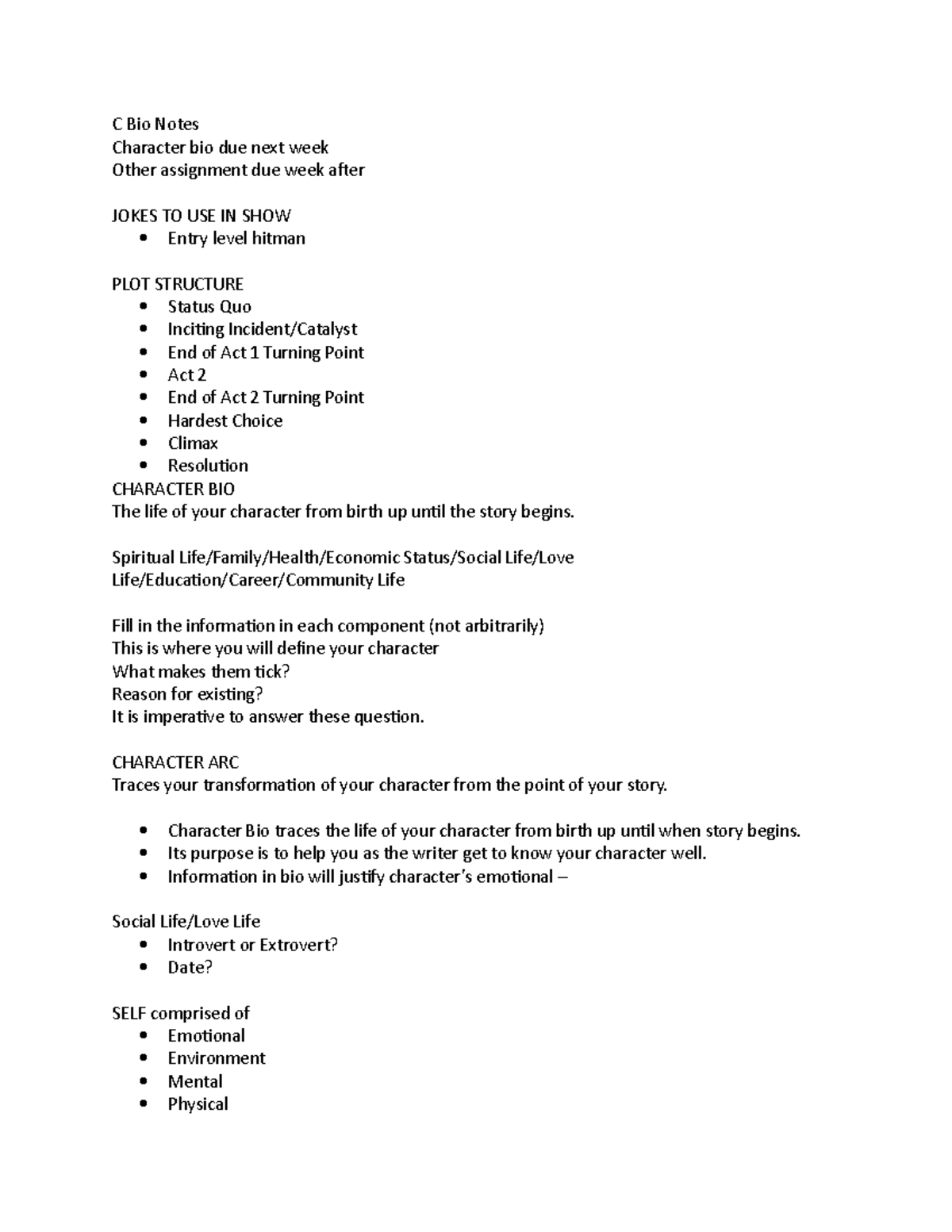 C Bio Notes - character bios - C Bio Notes Character bio due next week ...