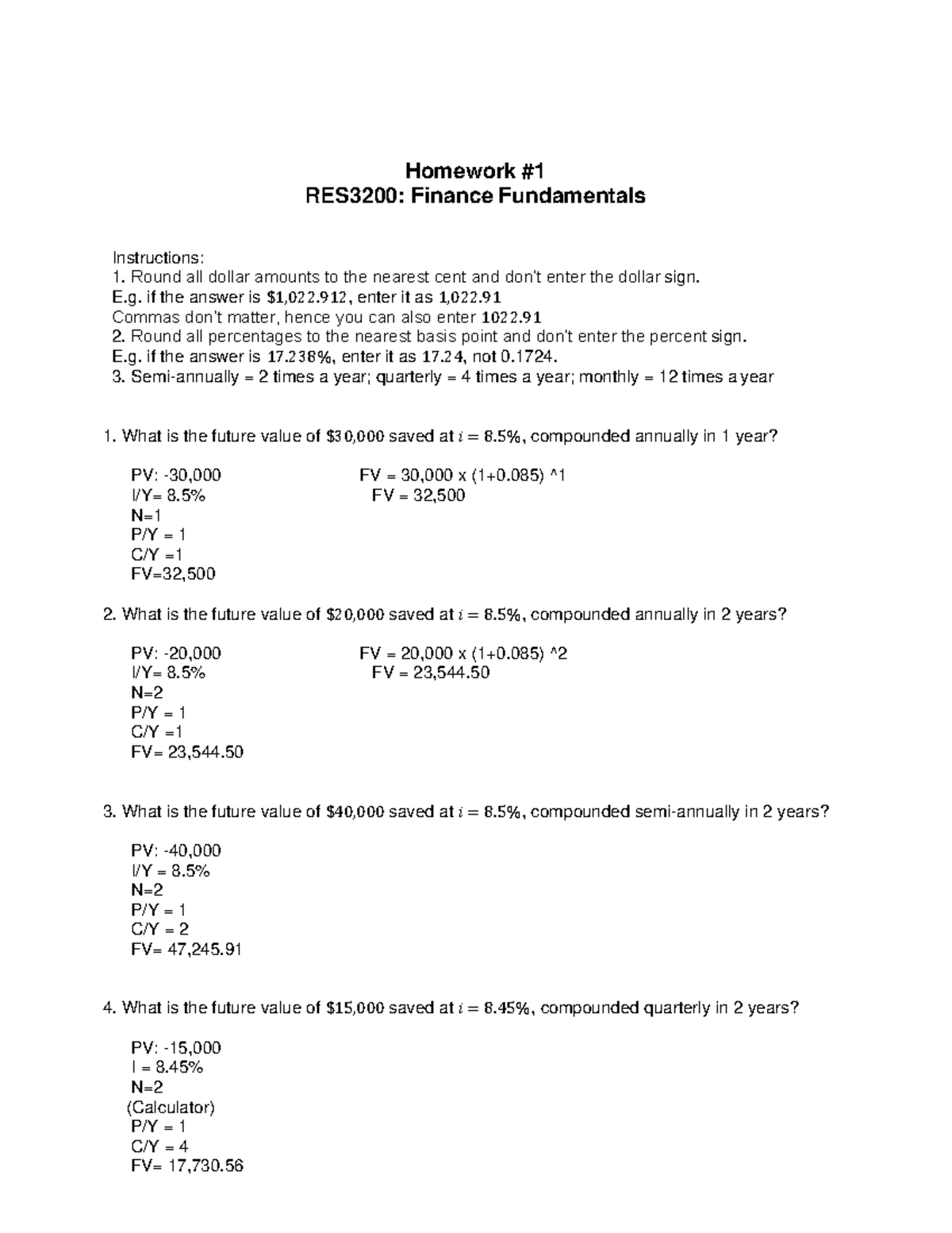 HW1 RES3200 - HW 1 - Homework RES3200: Finance Fundamentals ...