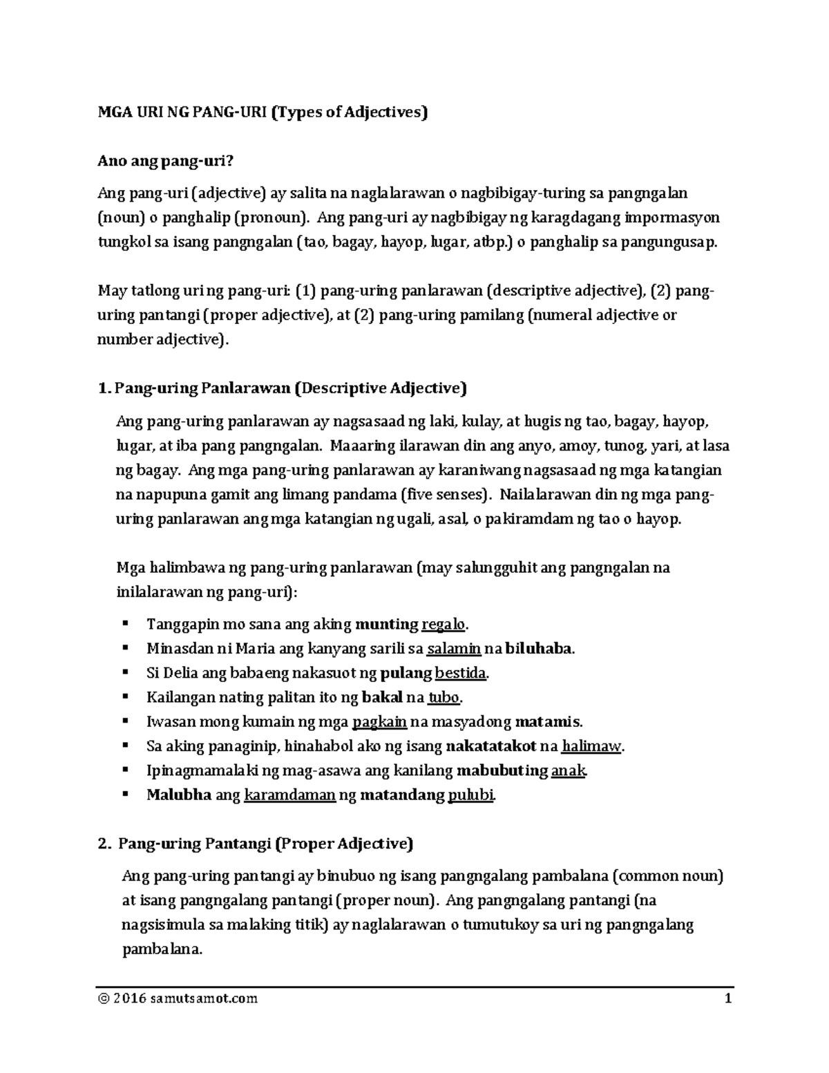 Mga uri ng pang uri notes MGA URI NG PANGURI (Types of Adjectives) Ano ang panguri? Ang