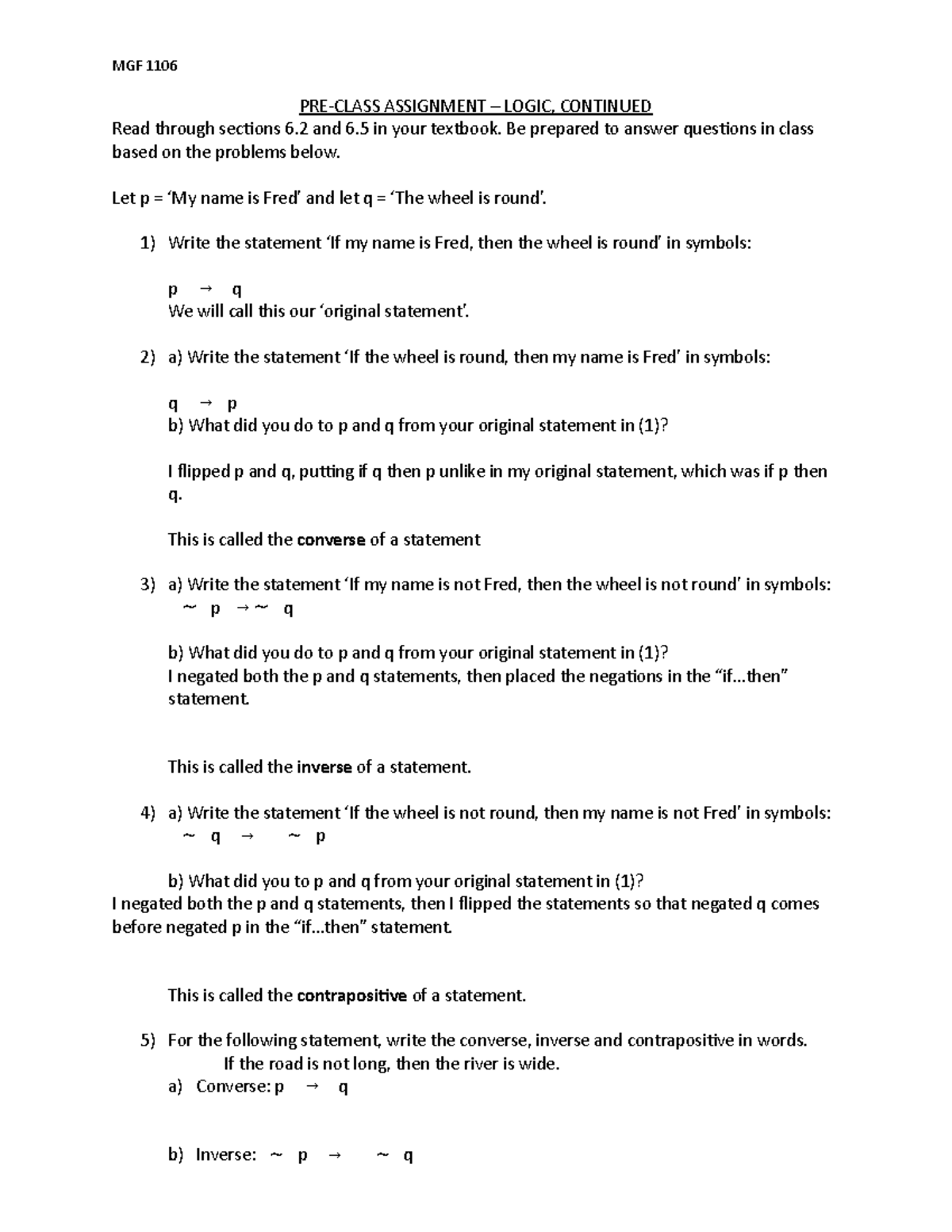 Pre-Class Week 13 (De Morgan's Laws ) - MGF 1106 PRE-CLASS ASSIGNMENT ...