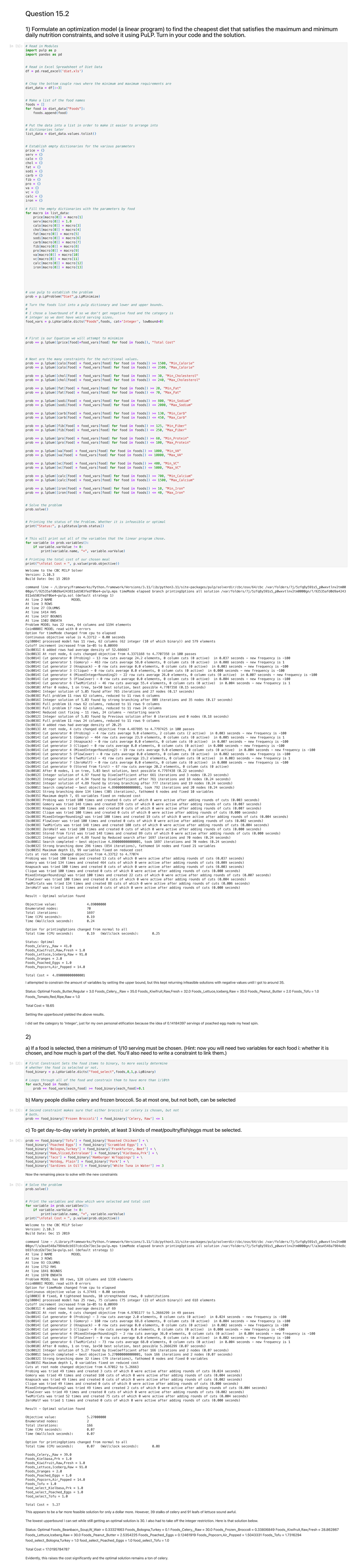 Diet - homework - Question 15. 1) Formulate an optimization model (a ...