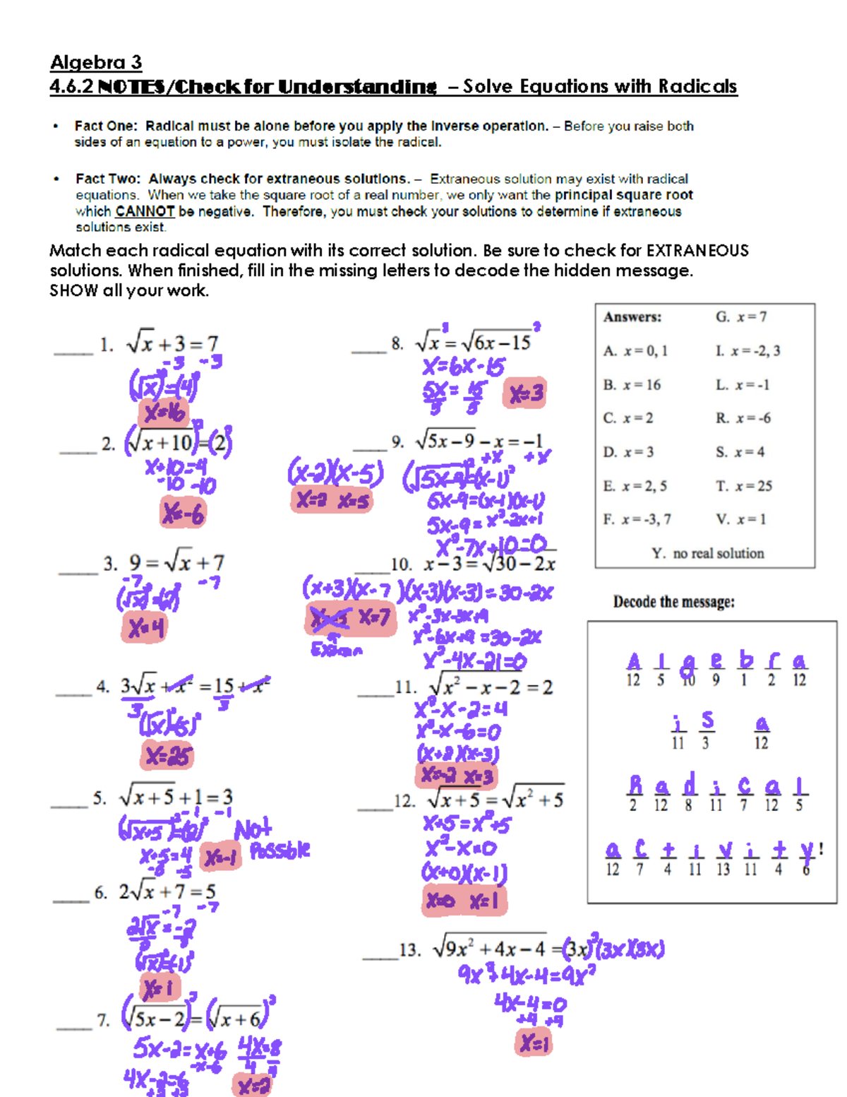 4 - Algebra 3 - Algebra 3 4 .6 NOTES/Check for Understanding – Solve ...