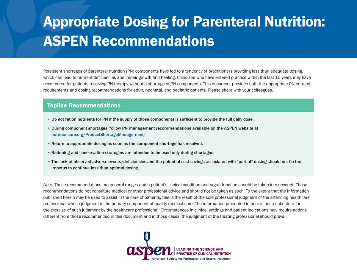 Tpn Adult And Peds Guidelines Appropriate Dosing For Parenteral Nutrition Aspen