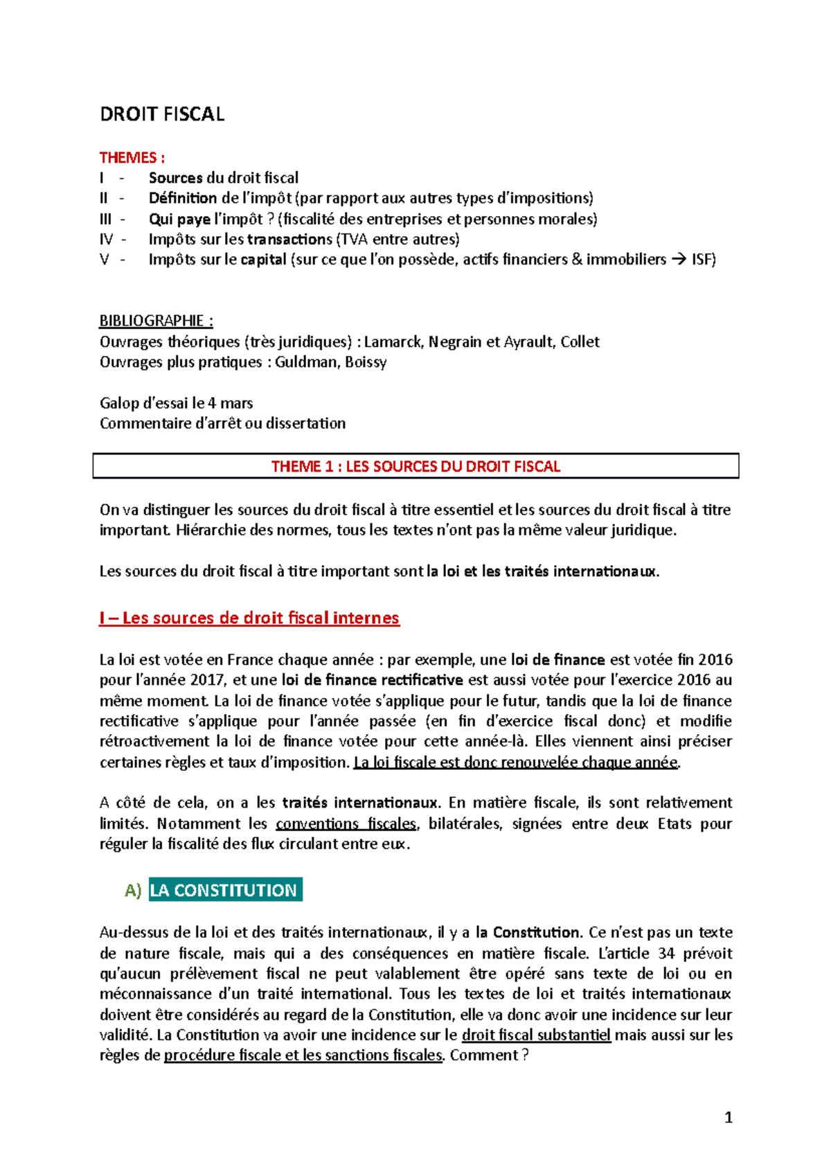 Droit Fiscal général - DROIT FISCAL THEMES : I - Sources du droit ...