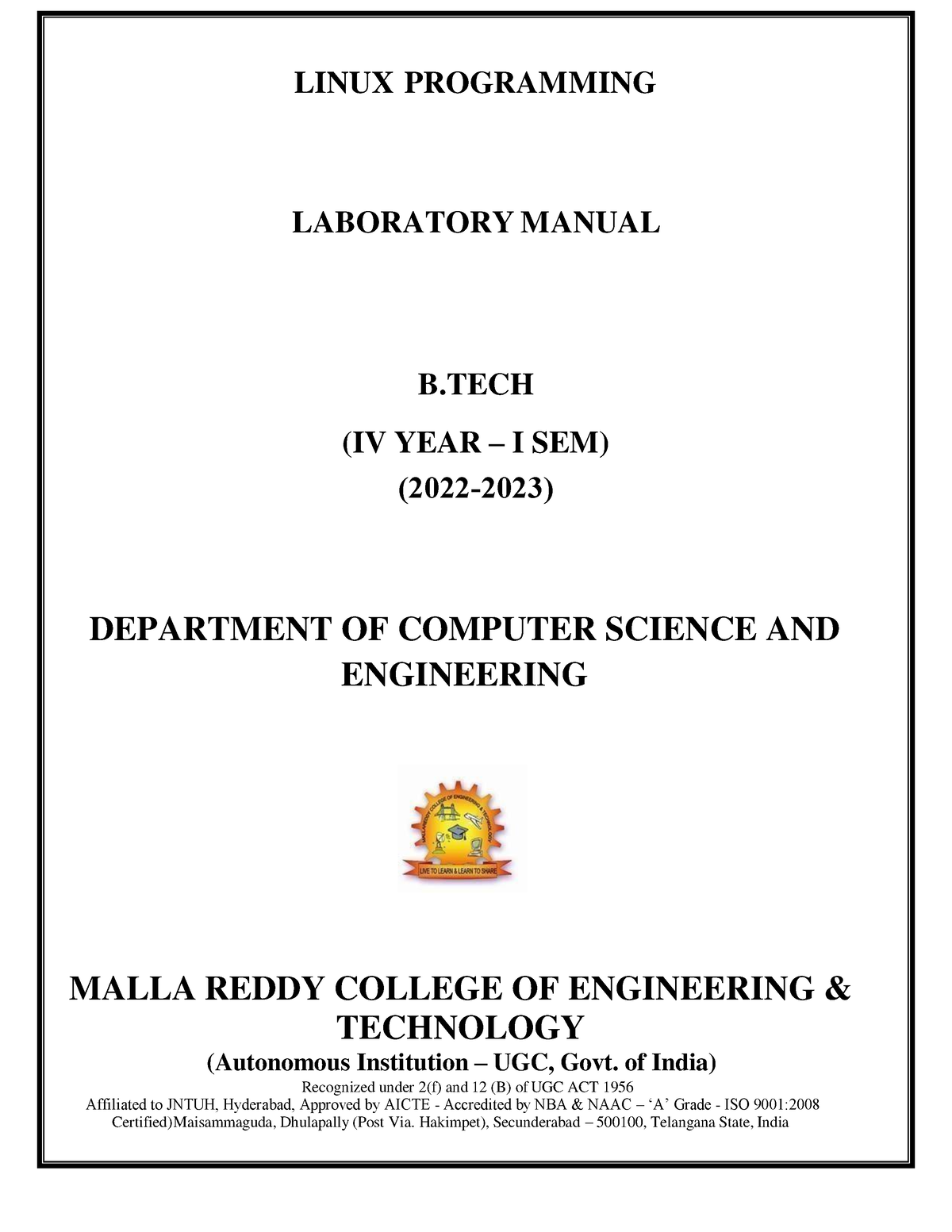 Linux Programming LAB - LINUX PROGRAMMING LABORATORY MANUAL B (IV YEAR ...