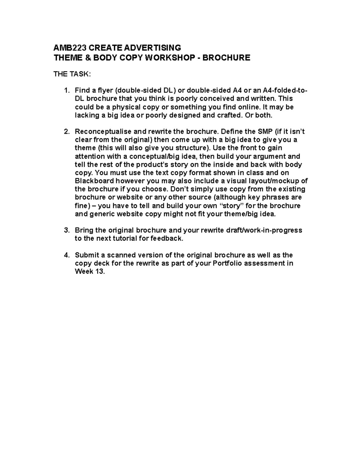 AMB223 Brochure Workshop - Rewrite - AMB223 CREATE ADVERTISING THEME ...