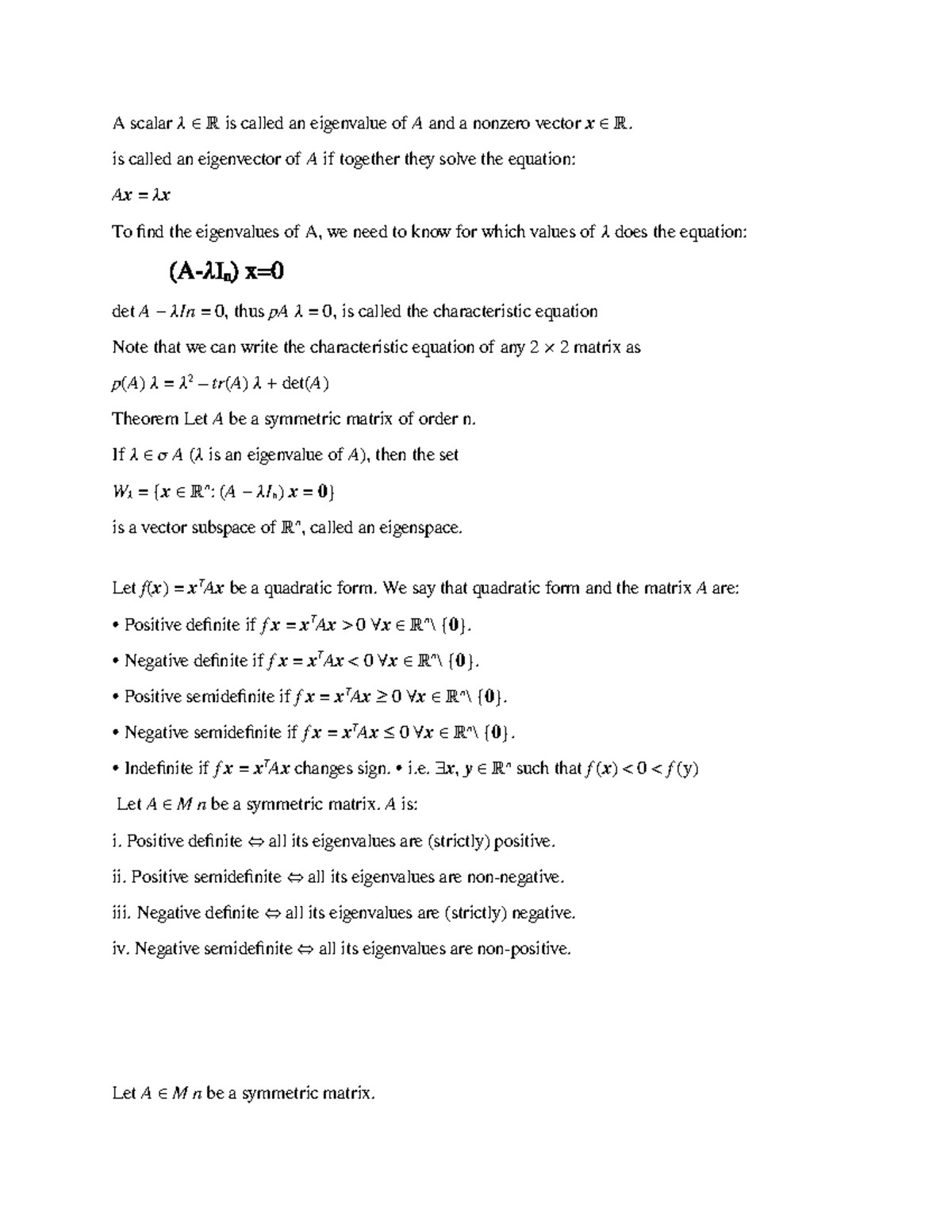 Math 2 Theory and Definitions - A scalar 𝜆 ∈ ℝ is called an eigenvalue ...