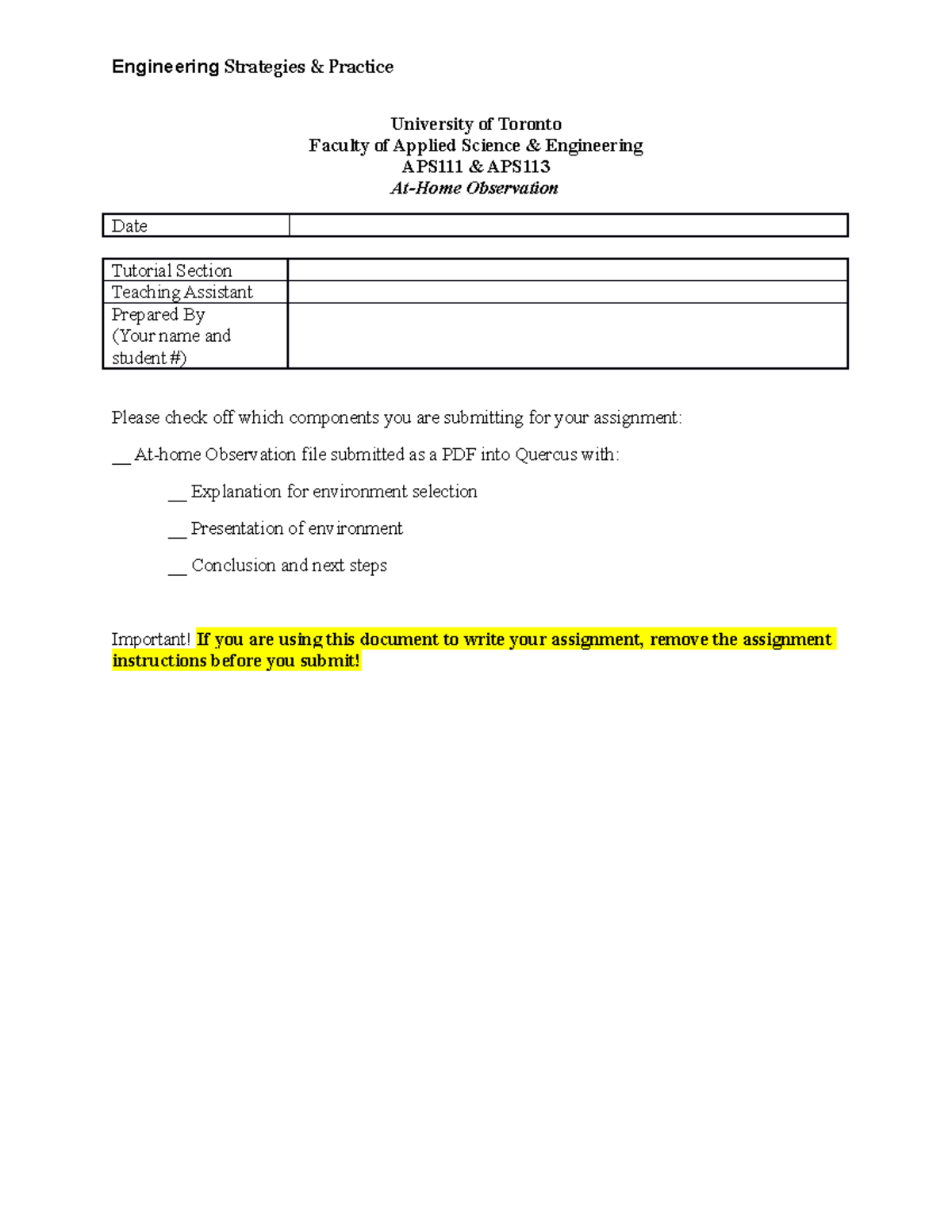 APS111 113 At Home Observation Cover Page and Instructions ...