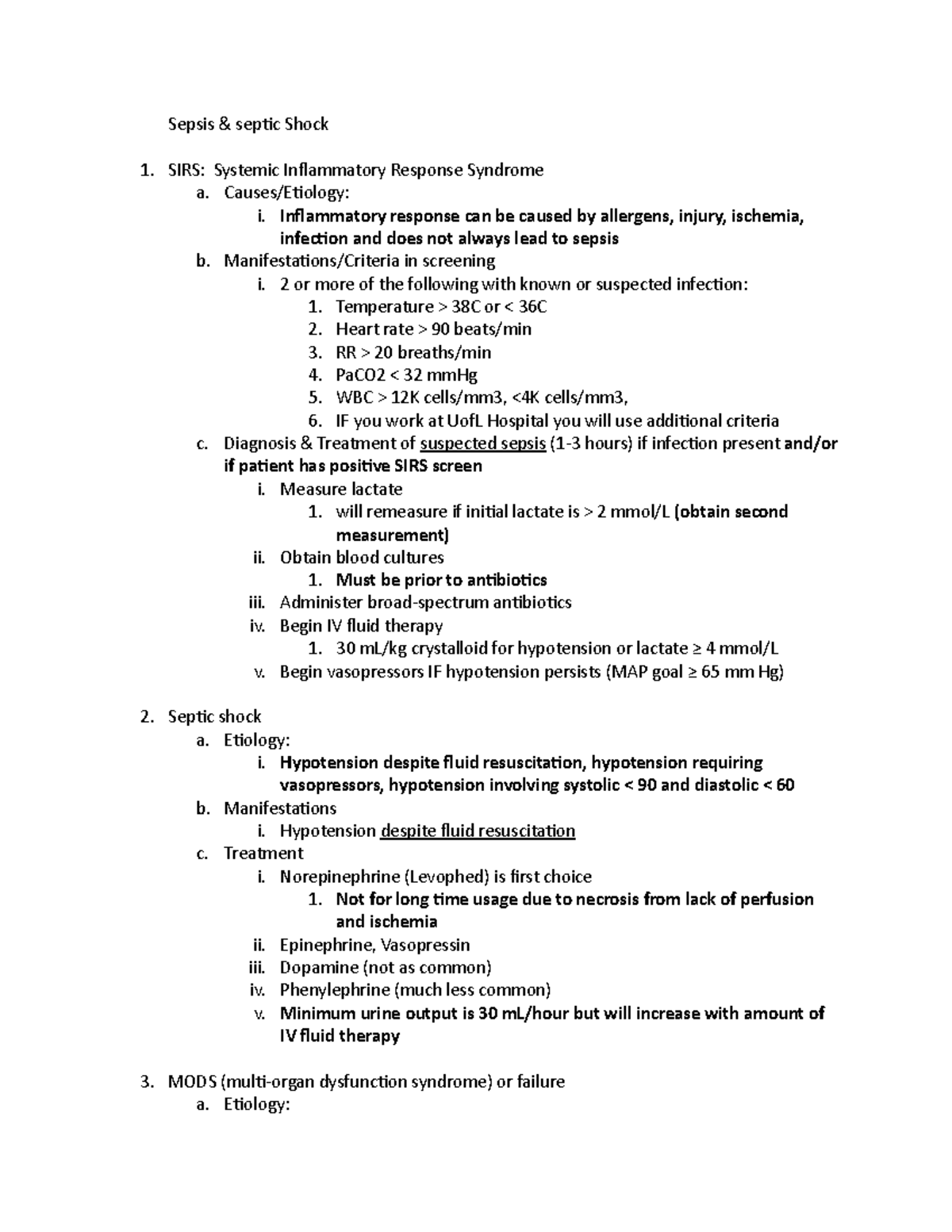 Critical care sepsis outline - Sepsis & septic Shock SIRS: Systemic ...