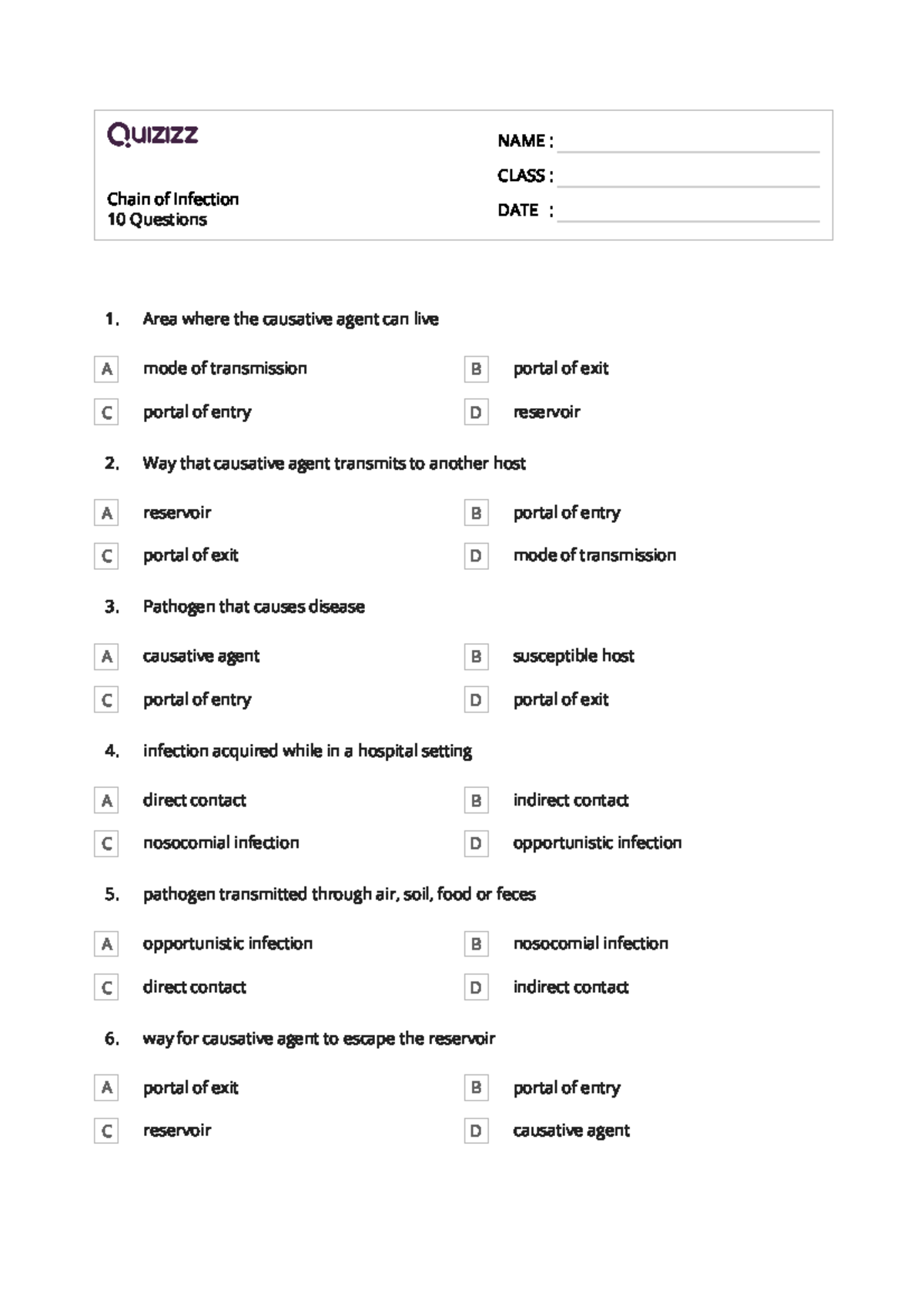Quizz of The Chain of Infection Chain 10 Questions of Infection NAME